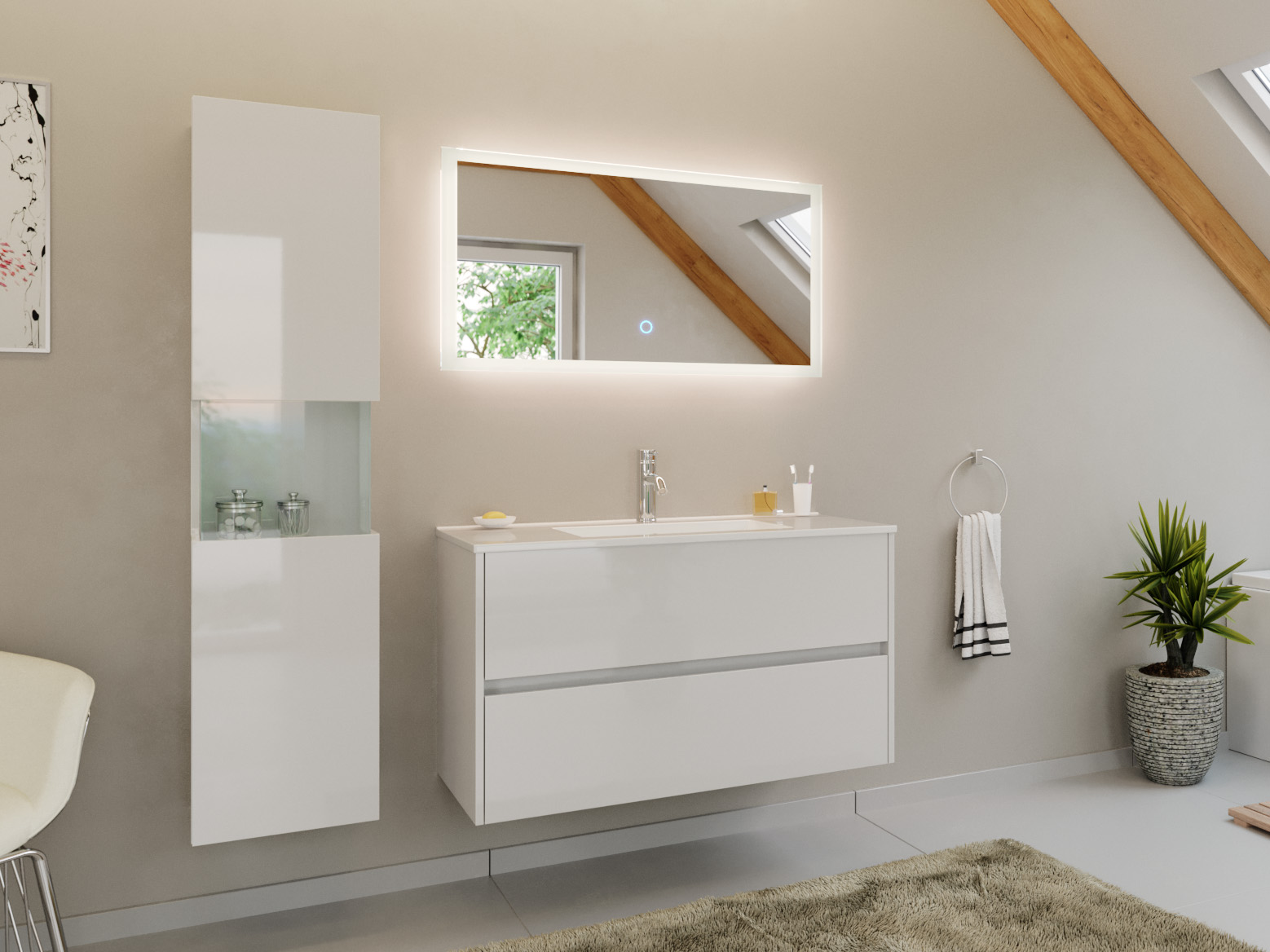 Badmöbel Set Taifun 3tlg. 100 cm mit LED Spiegel & Hochschrank weiß Hgl