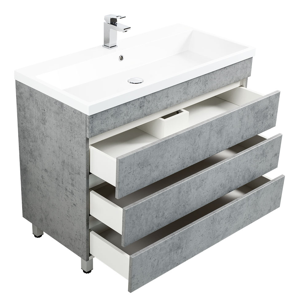 Stand Badmöbel Via 100 SoftClose beton mit drei grifflosen Schubladen