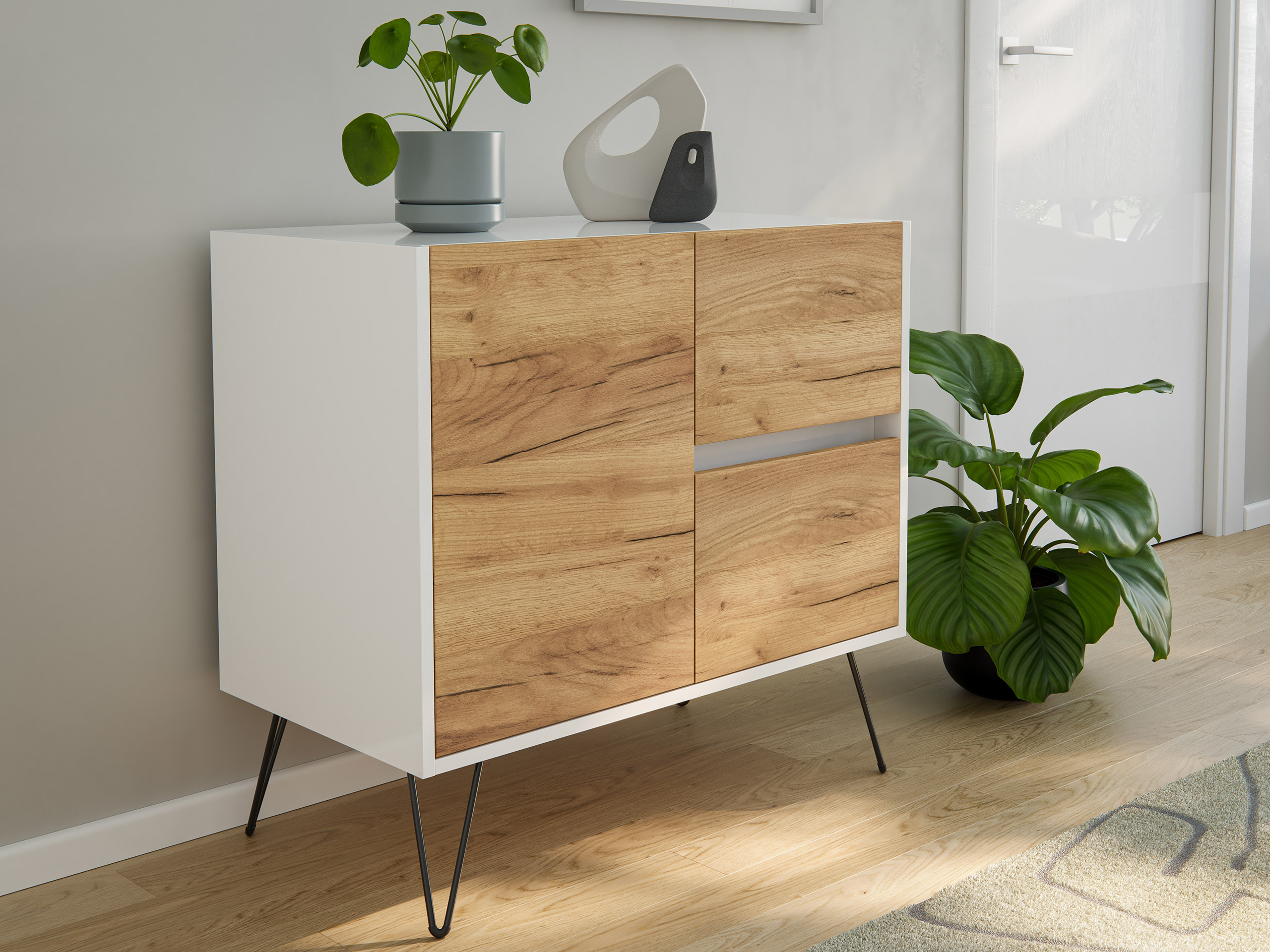 Raumwunder S Sideboard Kommode Greifraum 80cm 2 SoftClose 1 Tür Weiß/Eiche Top