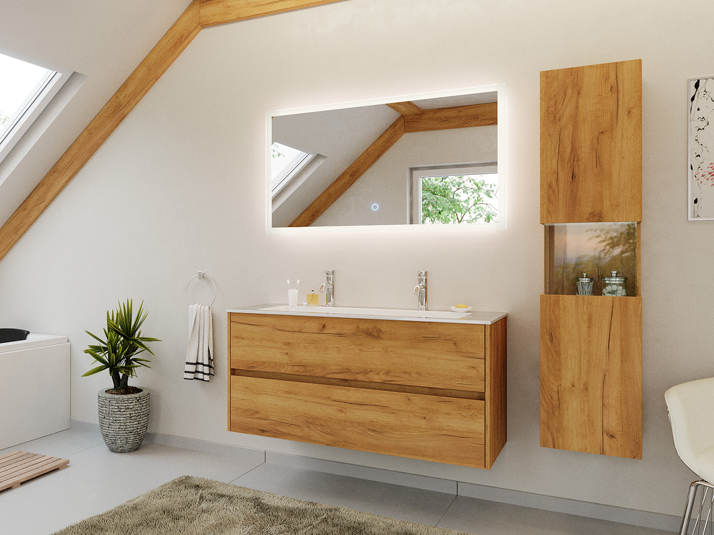 Doppel-Badmöbel Set Taifun 3tlg. 120 cm mit LED Spiegel & Hochschrank eiche gold