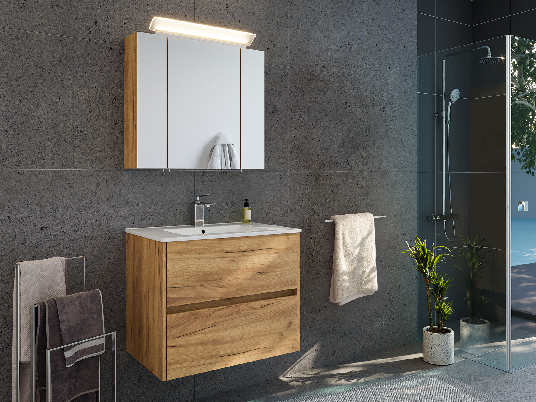 Badmöbelset Taifun 70cm 2tlg mit Spiegelschrank eiche gold