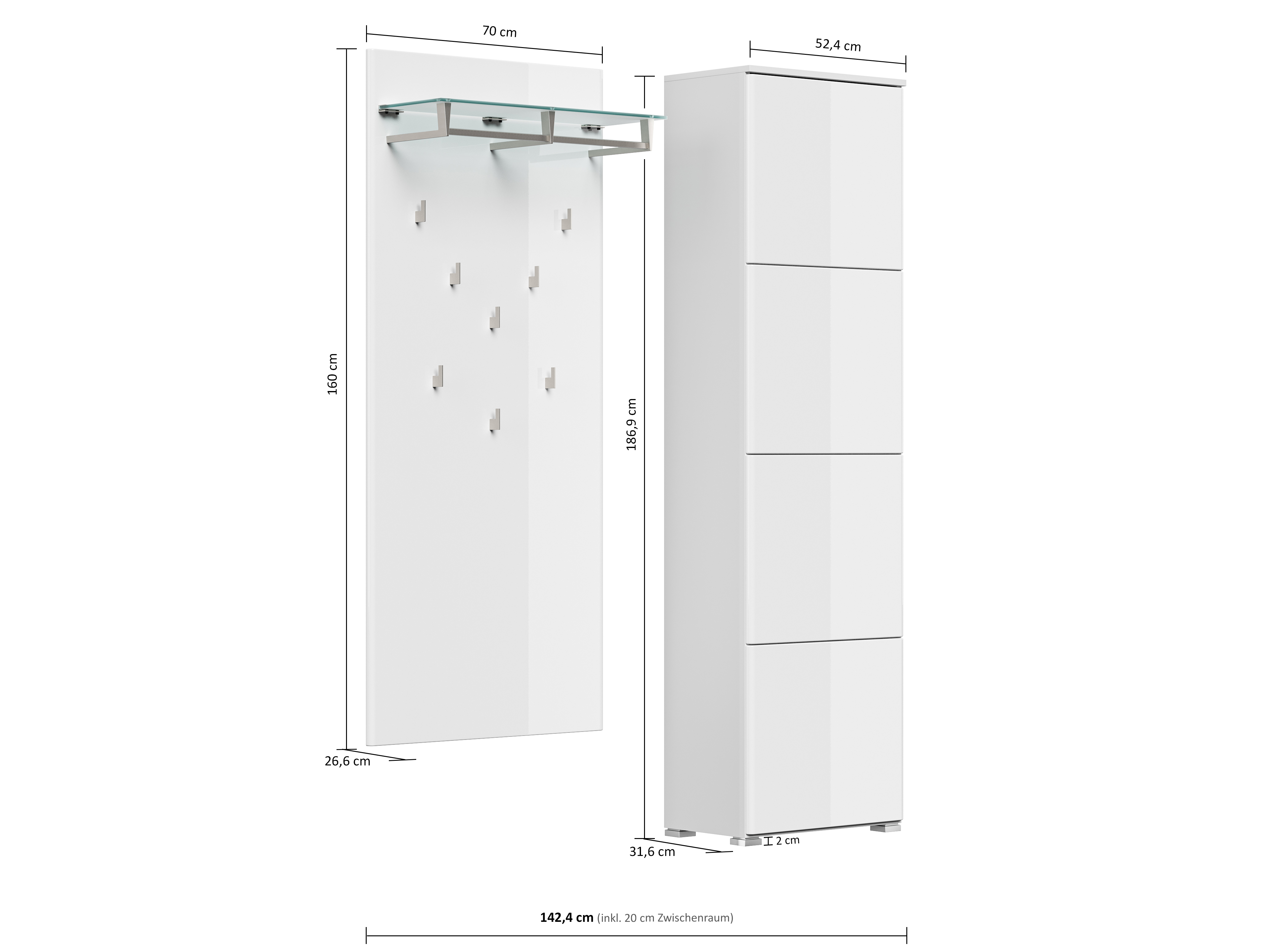 Garderobe Set 012 Frisco 2 tlg Schuhschrank 4 Klappen 16 Paar Weiss-Brombeer