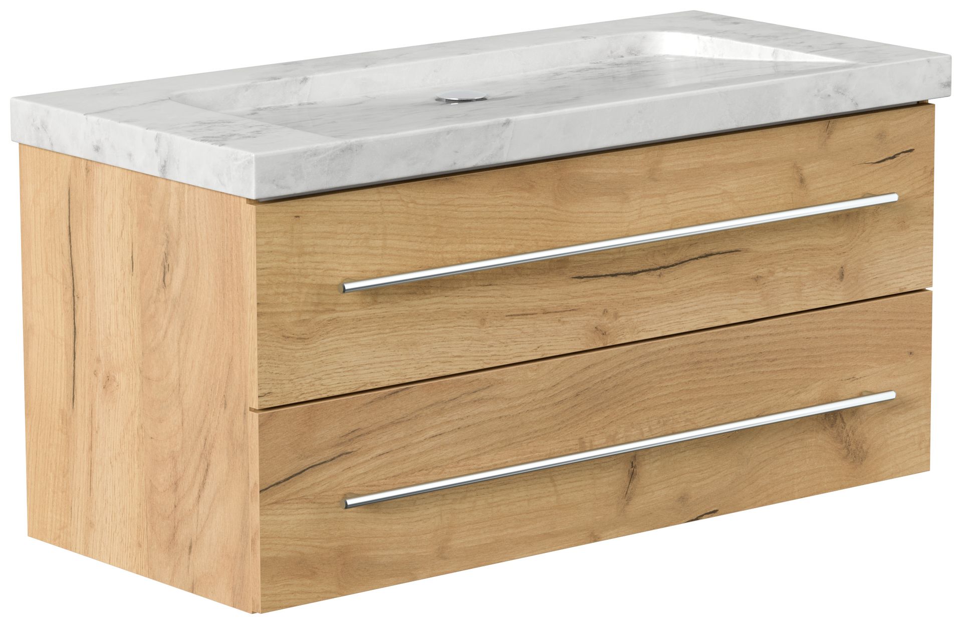 Badmöbel Marmor Carrara White Damo 100 cm ohne Hahnloch SoftClose eiche gold
