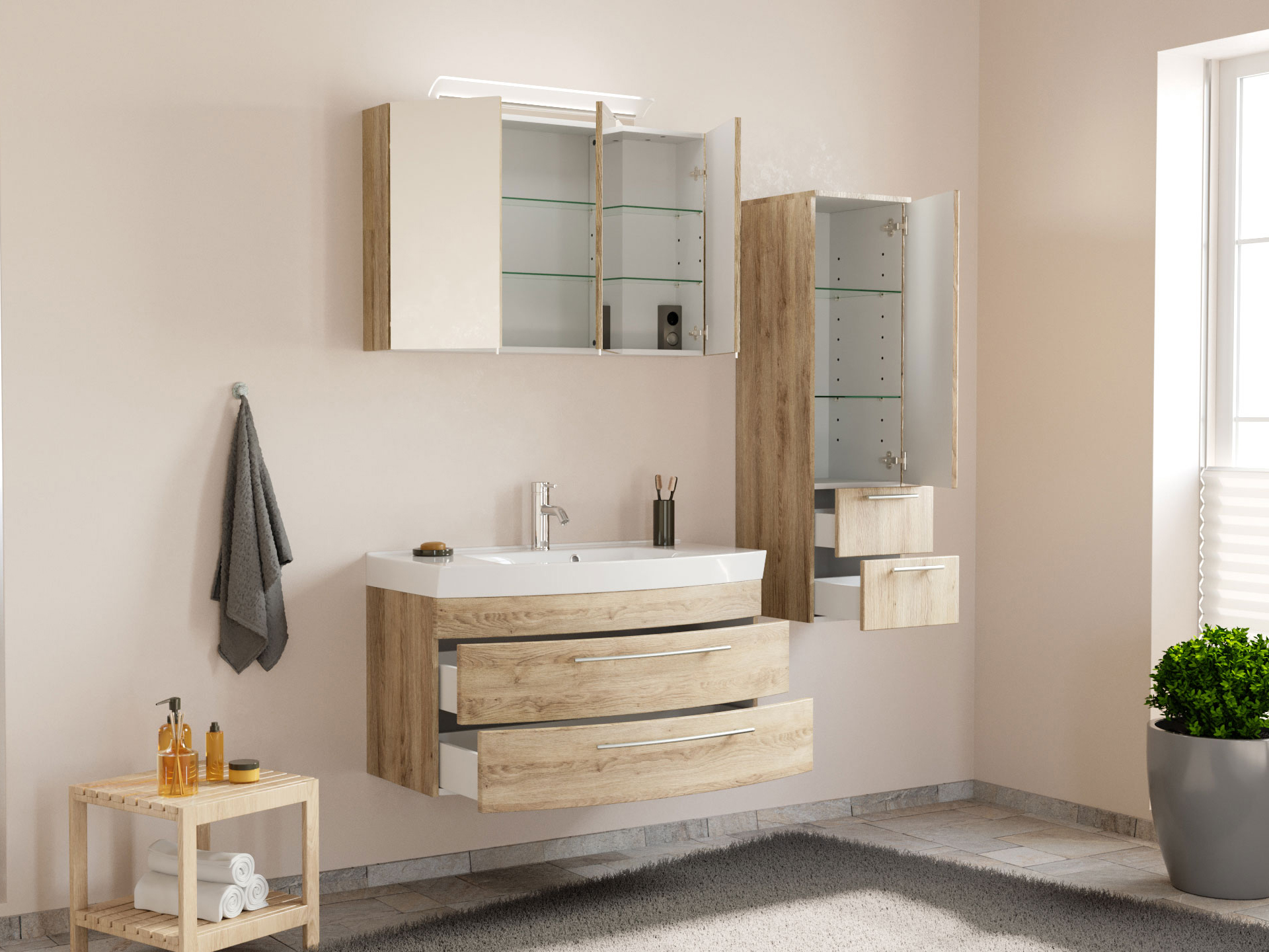 Badmöbel-Set Toscana 100 cm (3-teilig) SoftClose eiche hell