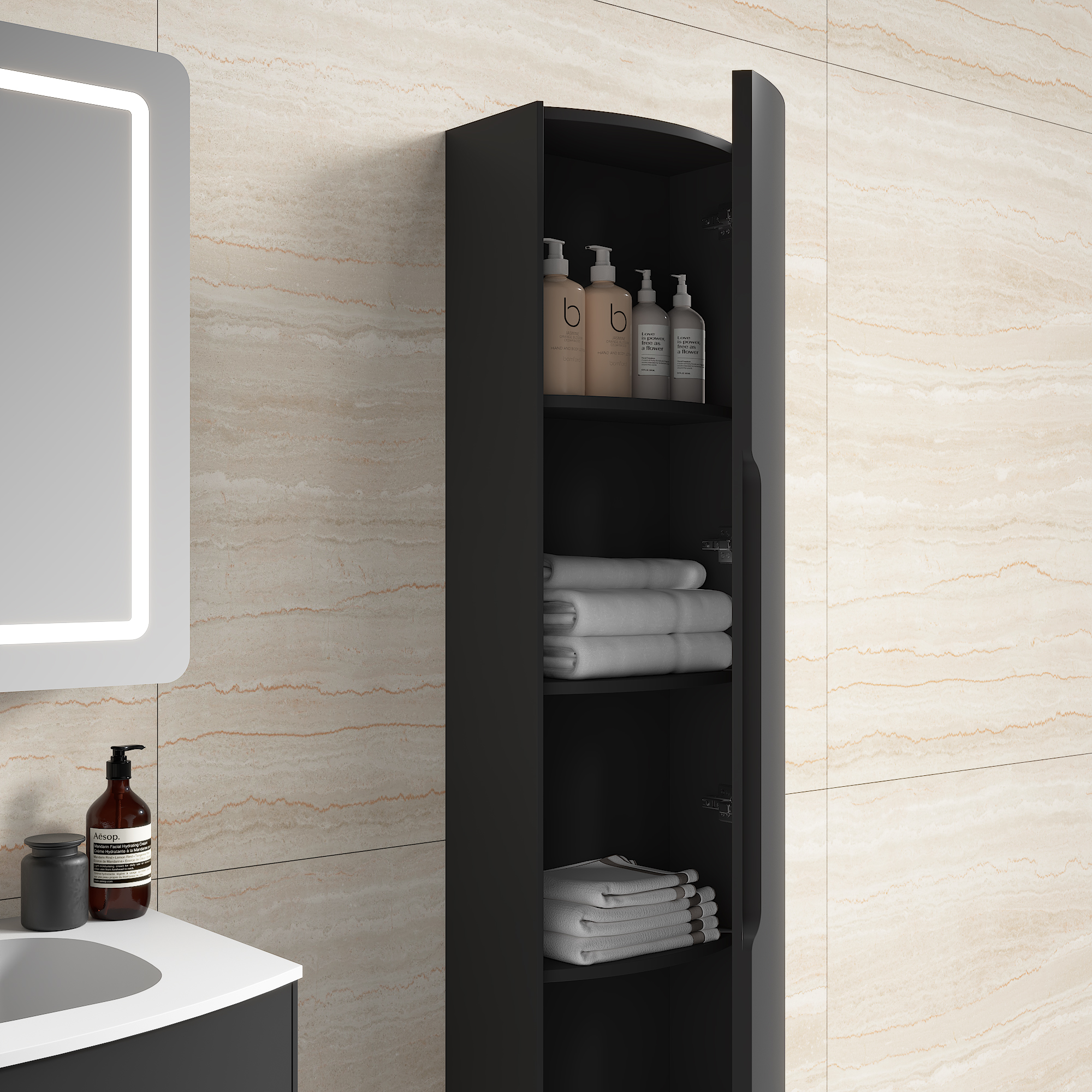 Badezimmer Hochschrank Riva 150 cm Softclose montiert schwarz matt