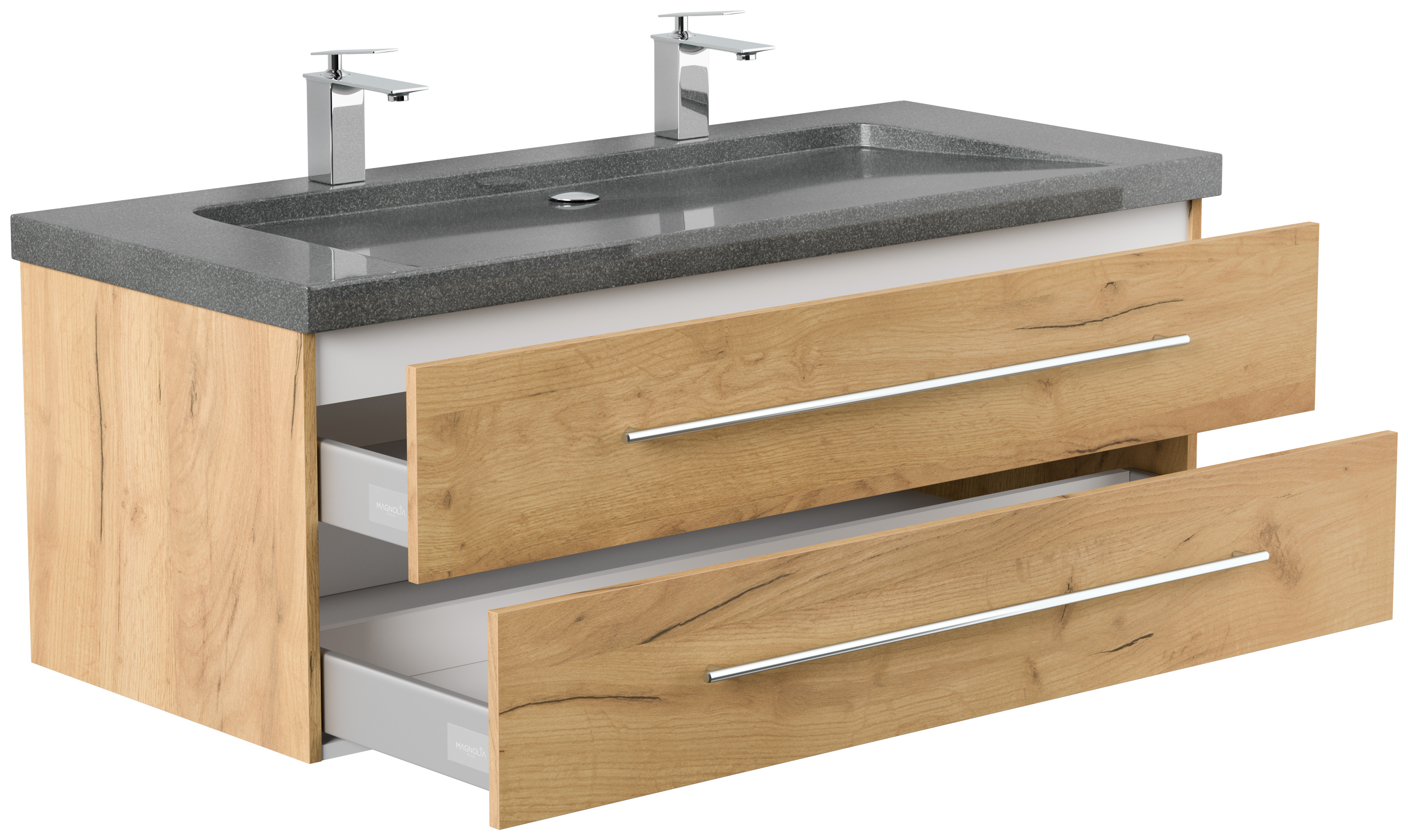Badmöbel Granit G654 Damo 130 cm 2 Hahnlöcher SoftClose eiche gold