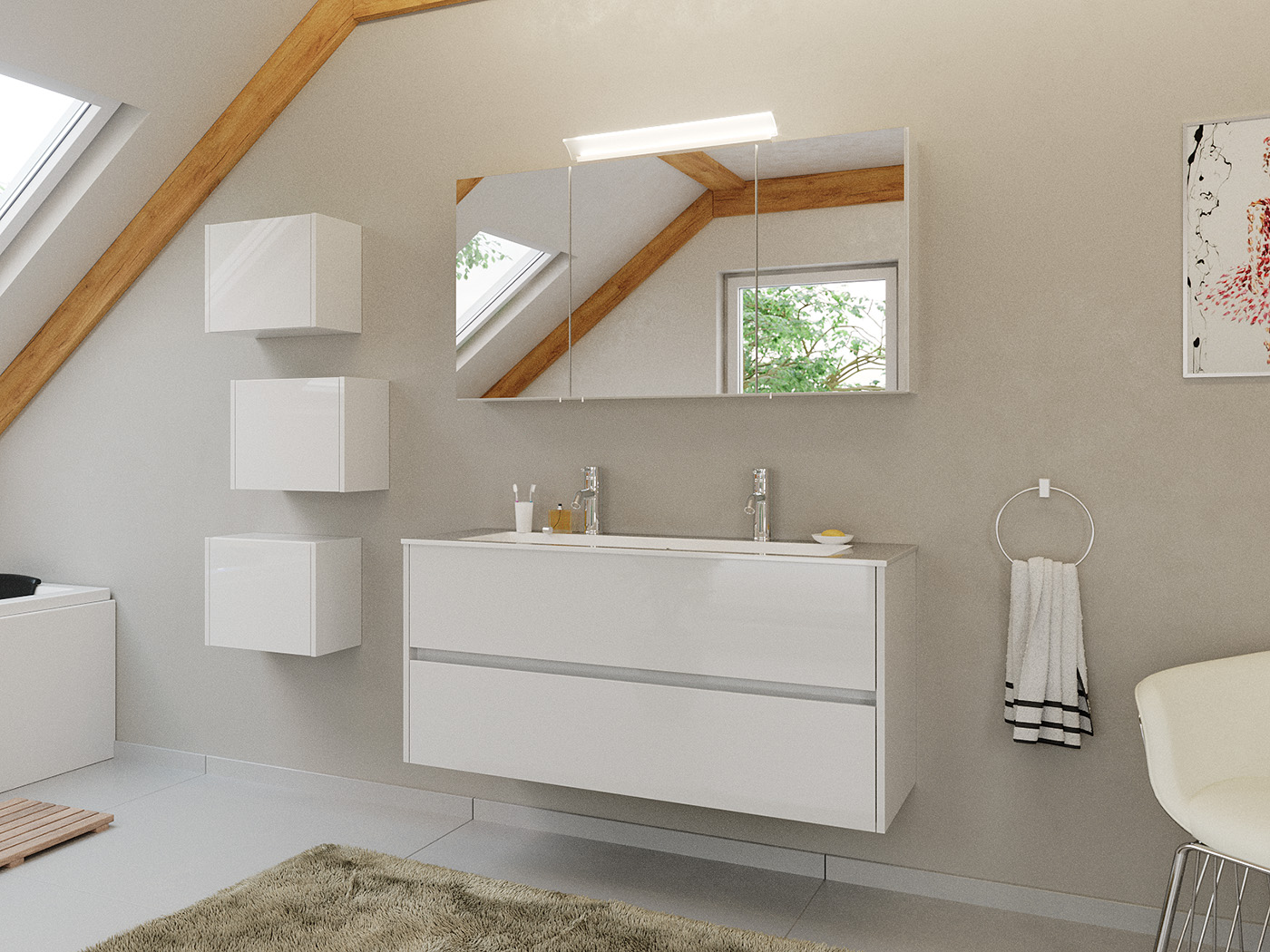 Doppel-Badmöbel Set Taifun 3tlg. 120 cm mit Spiegelschrank & 3er Boxen weiß Hgl