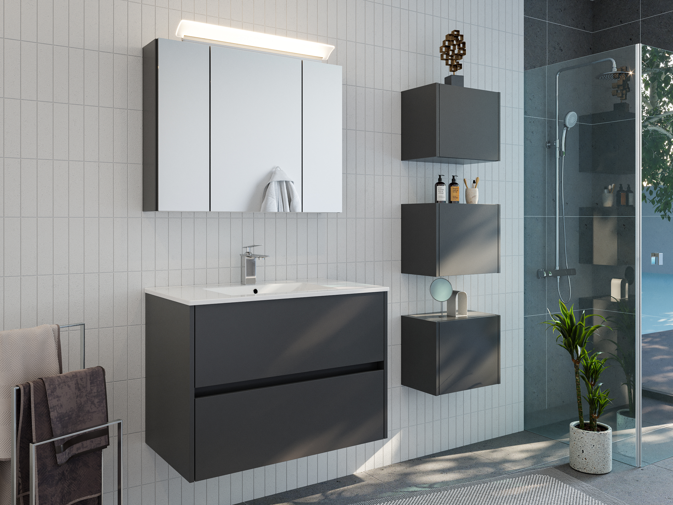 Badmöbelset Taifun 80cm 3tlg mit Spiegelschrank & 3er Boxen Set grafit