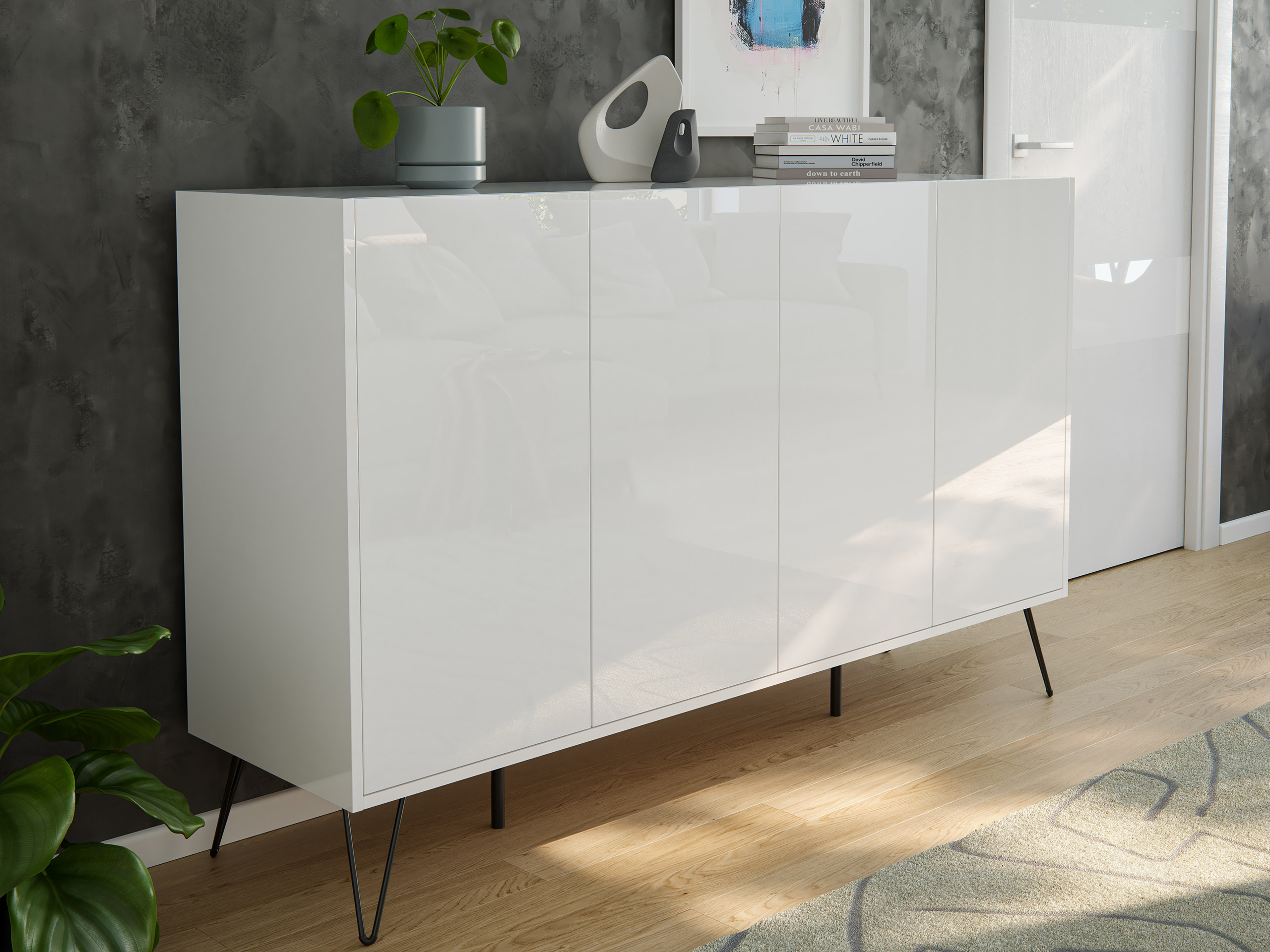 Design Sideboard Kommode Rana 155cm 4 Softclose Türen Weiß hochglanz
