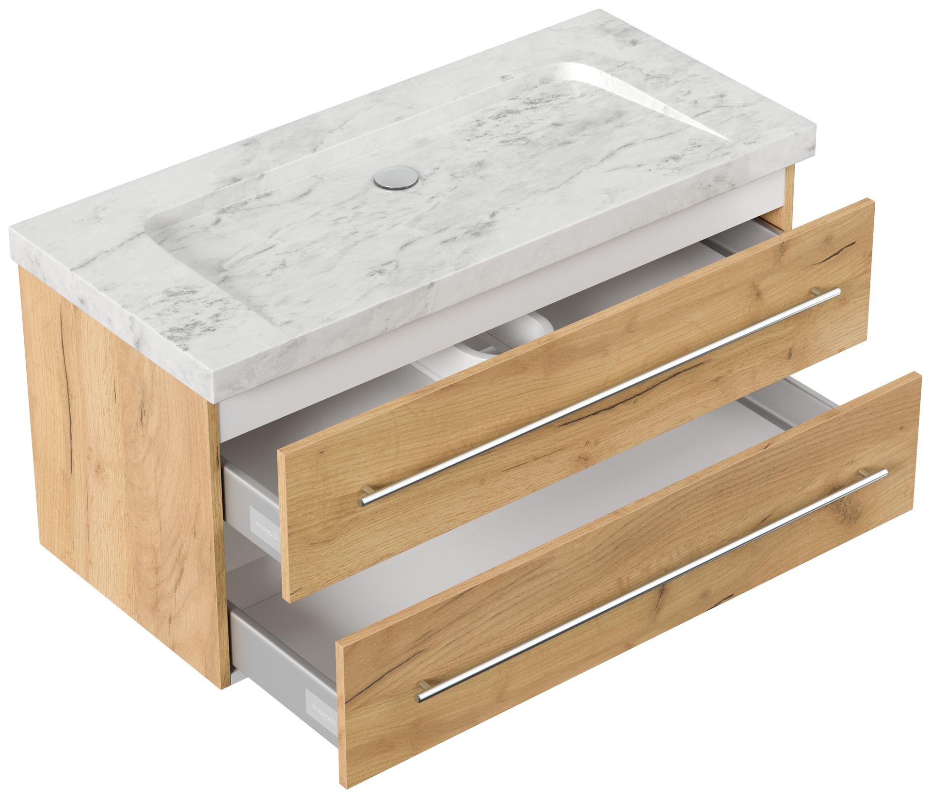Badmöbel Marmor Carrara White Damo 100 cm ohne Hahnloch SoftClose eiche gold