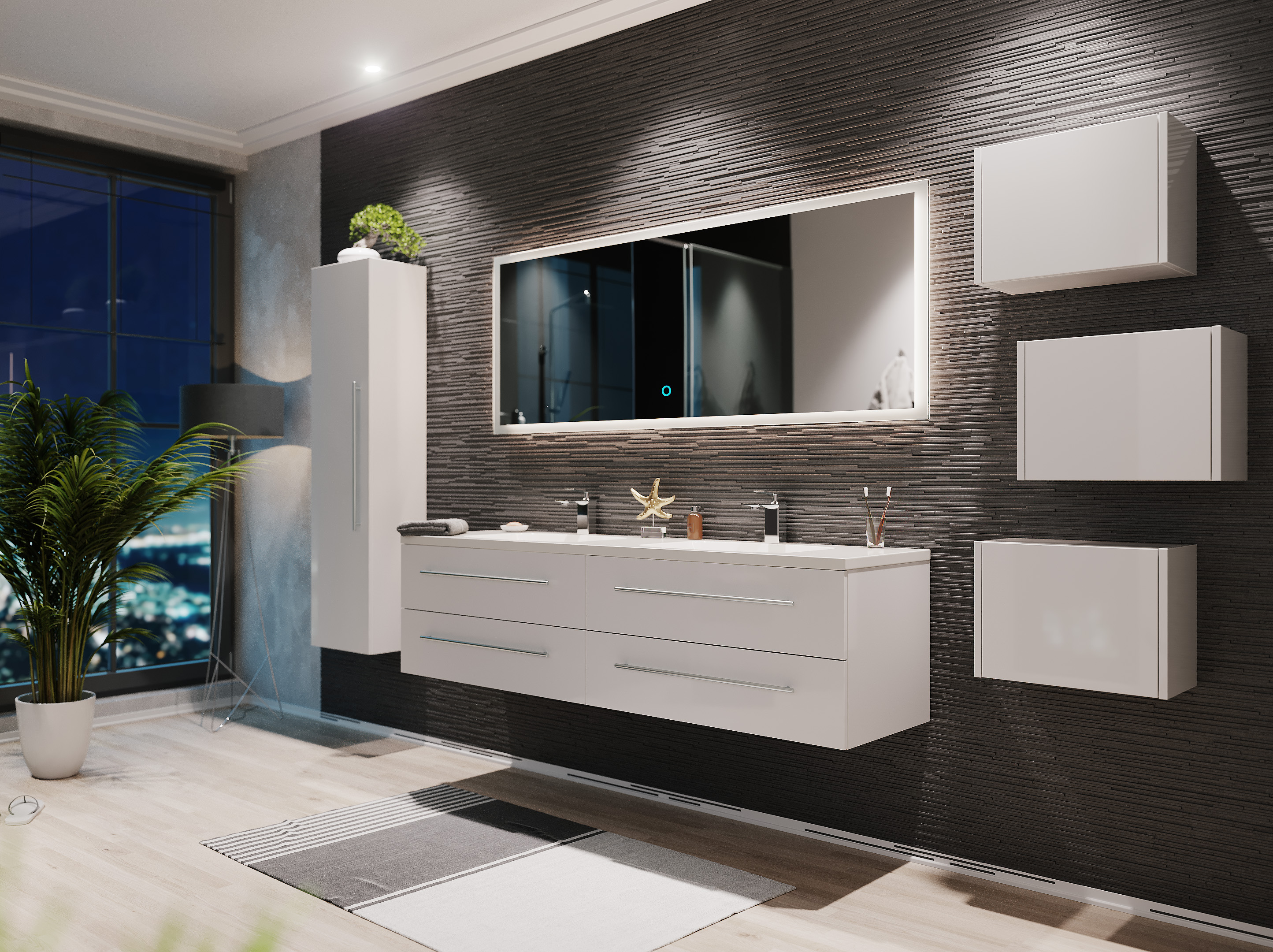 Badmöbelset Colossos160 4-teilig LED Spiegel Hochschrank 3er Boxen weiss hgl