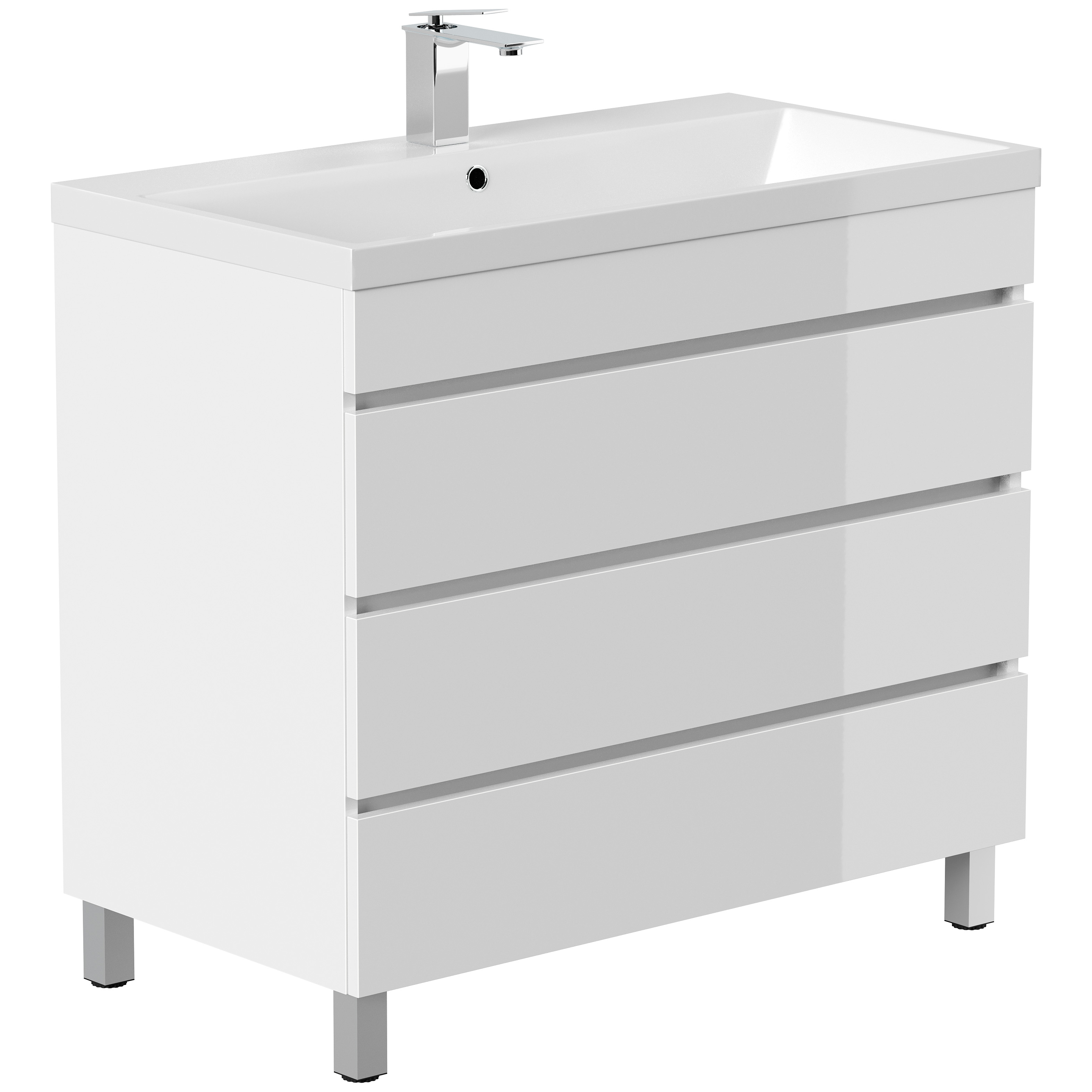 Stand Badmöbel Via 90 SoftClose weiss hochglanz mit drei grifflosen Schubladen