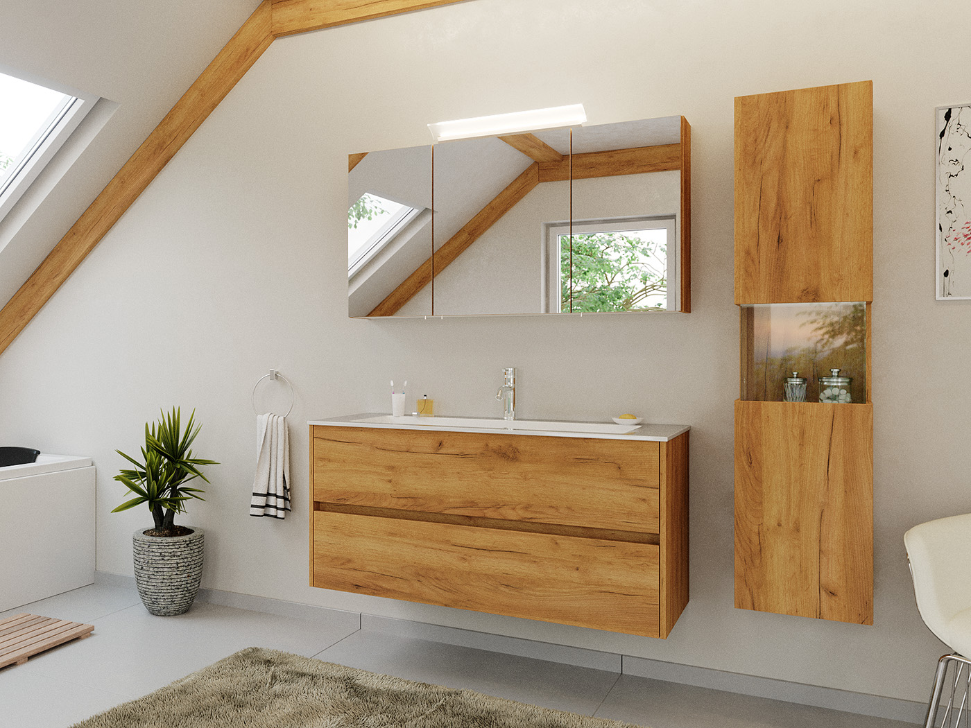 Badmöbel Set Taifun 3tlg. 120 cm mit Spiegelschrank & Hochschrank  eiche gold