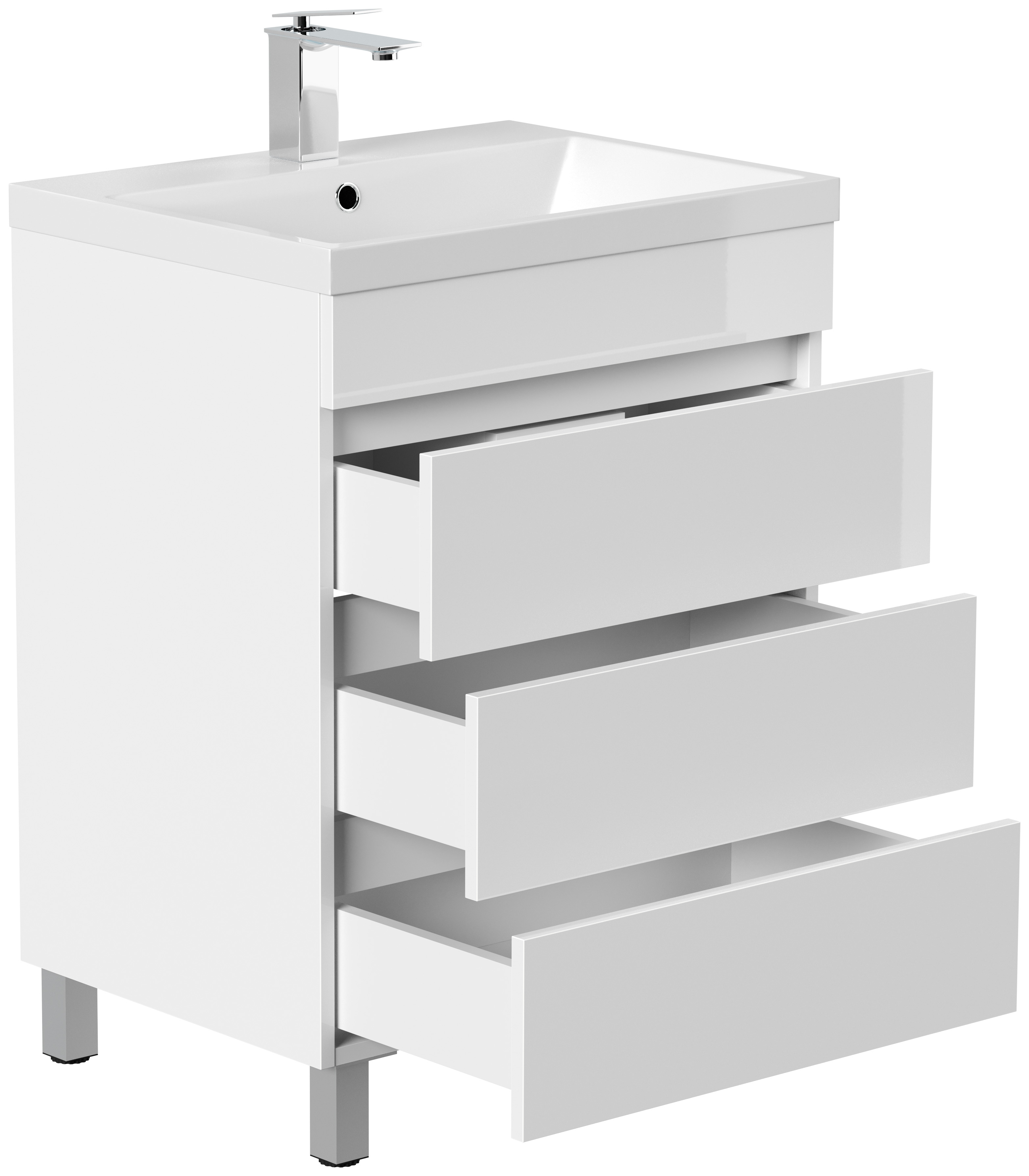 Stand Badmöbel Via 70 SoftClose weiss hochglanz mit drei grifflosen Schubladen
