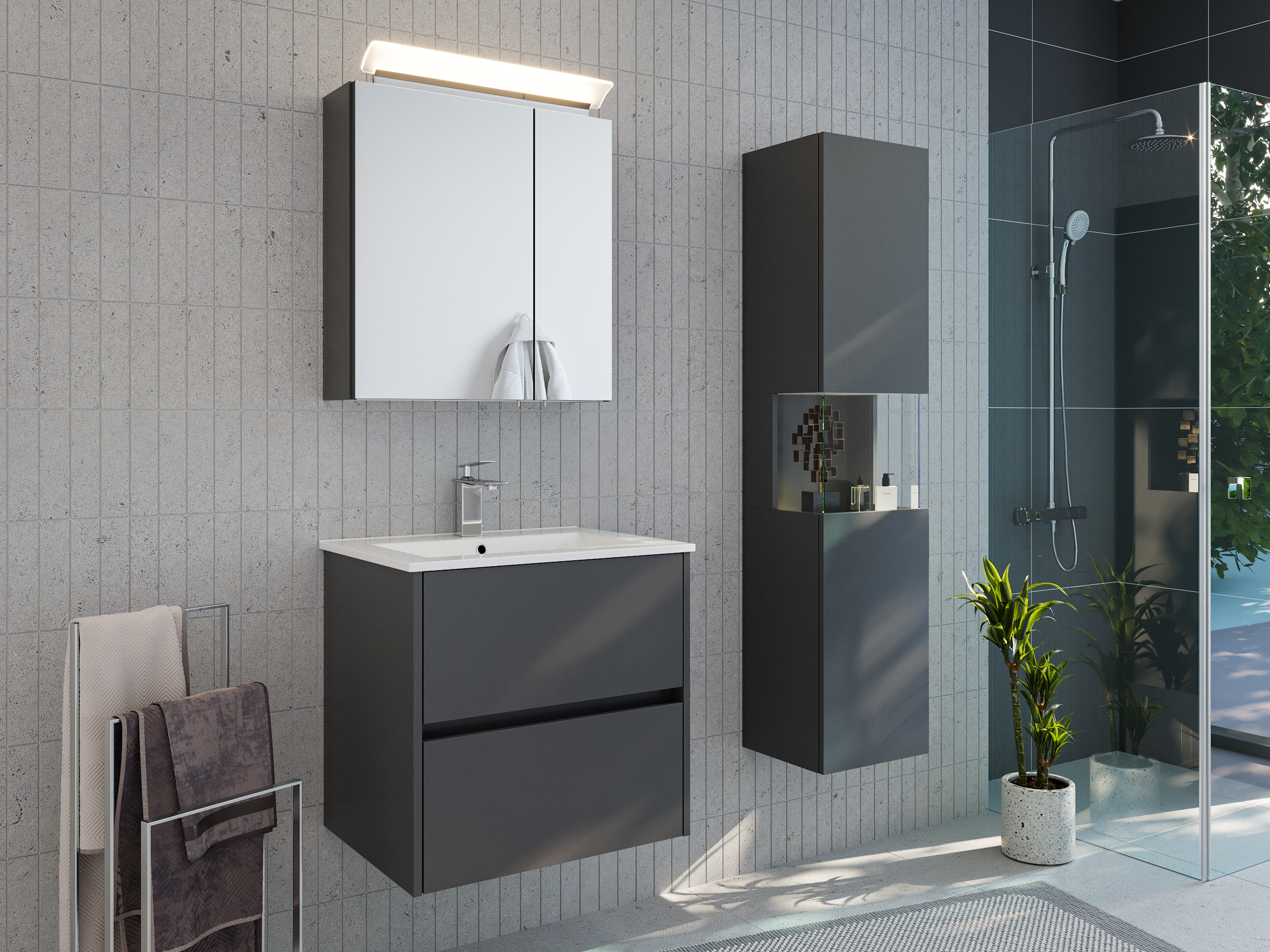 Badmöbelset Taifun 60cm 3tlg mit Spiegelschrank & Seitenschrank grafit
