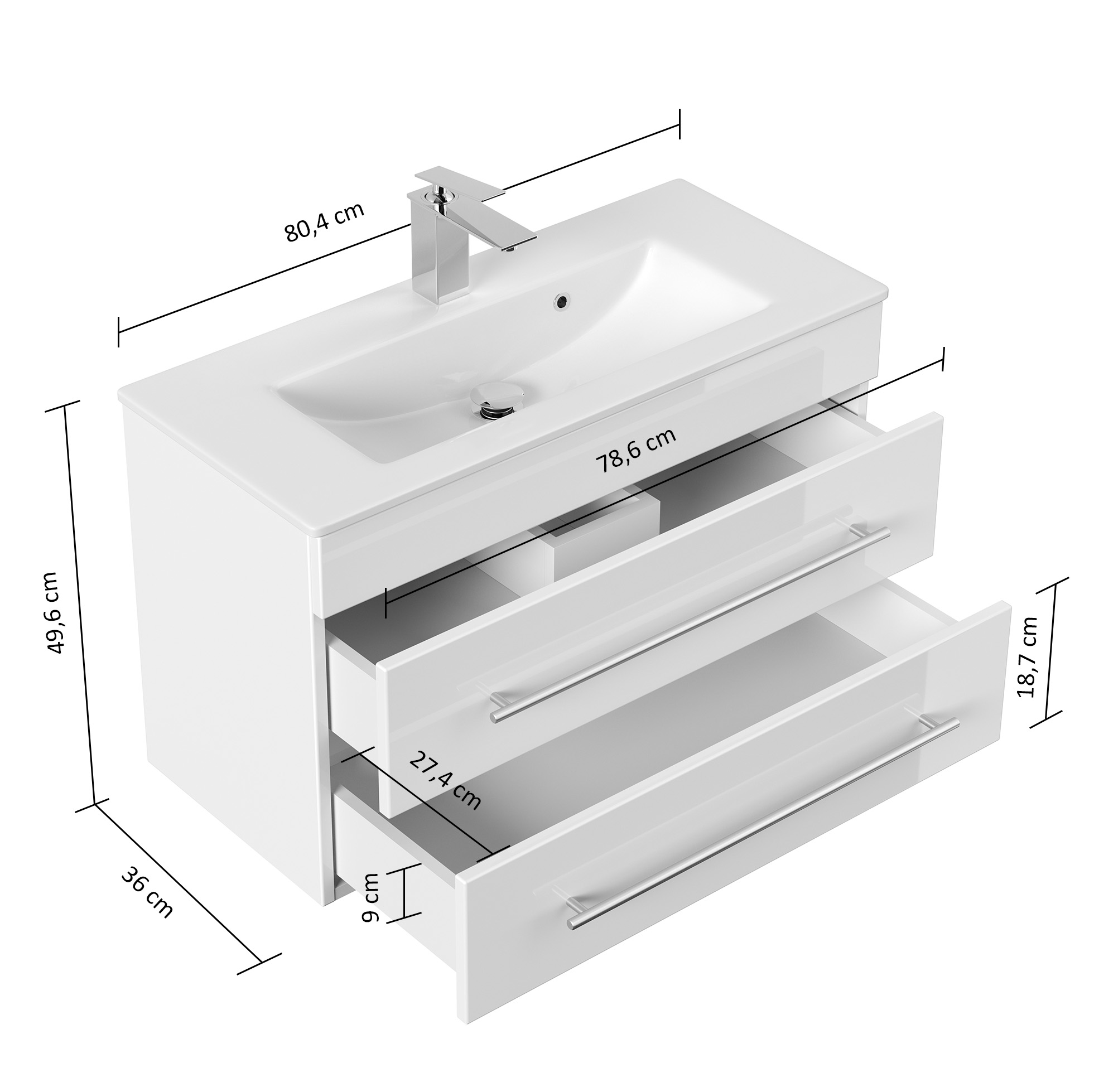 Badmöbel Mars 800 2-teilig mit LED Spiegel SlimLine SoftClose weiss hochglanz