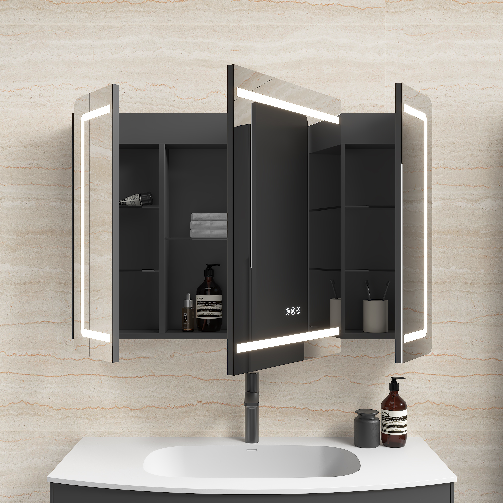 Spiegelschrank Riva 100 cm inkl. LED-Lampe und Glasböden montiert grafit matt
