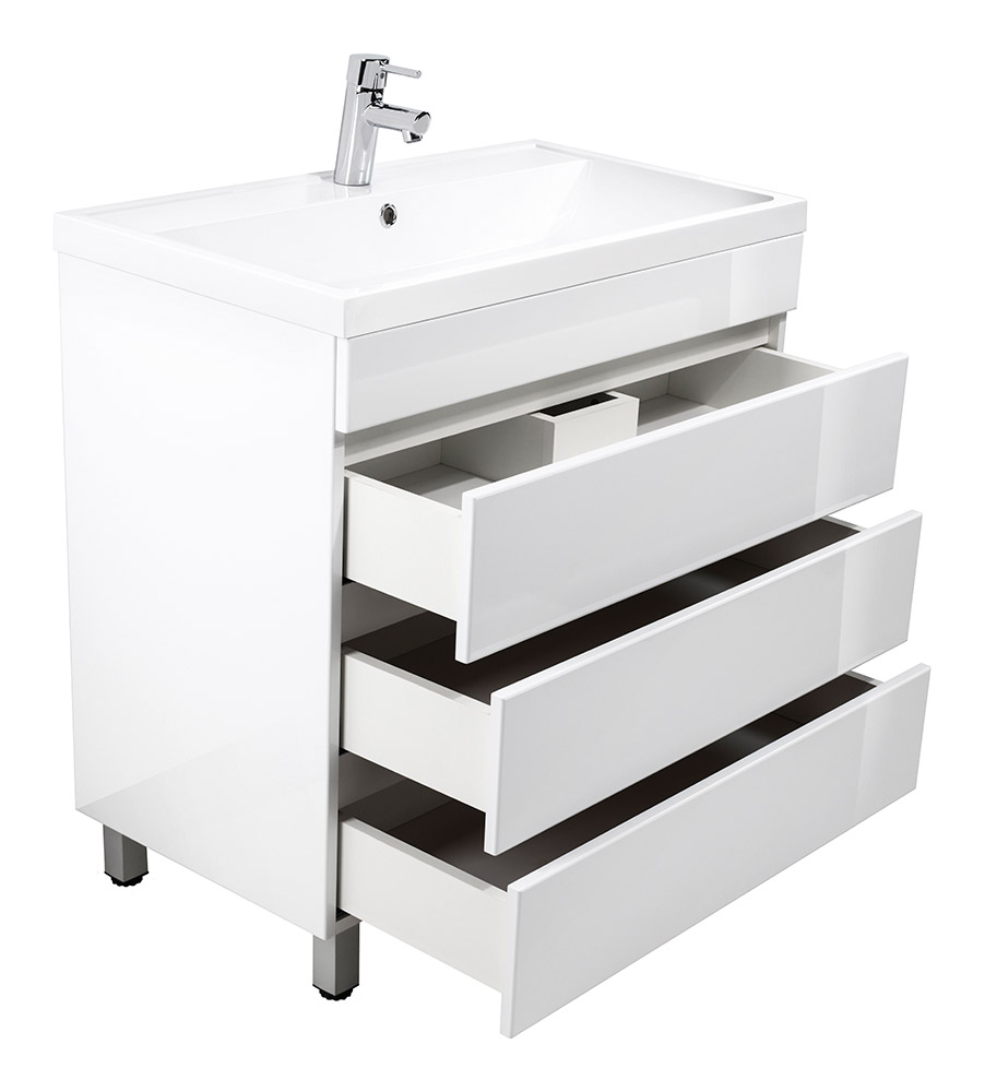Stand Badmöbel Via 80 SoftClose weiss hochglanz mit drei grifflosen Schubladen
