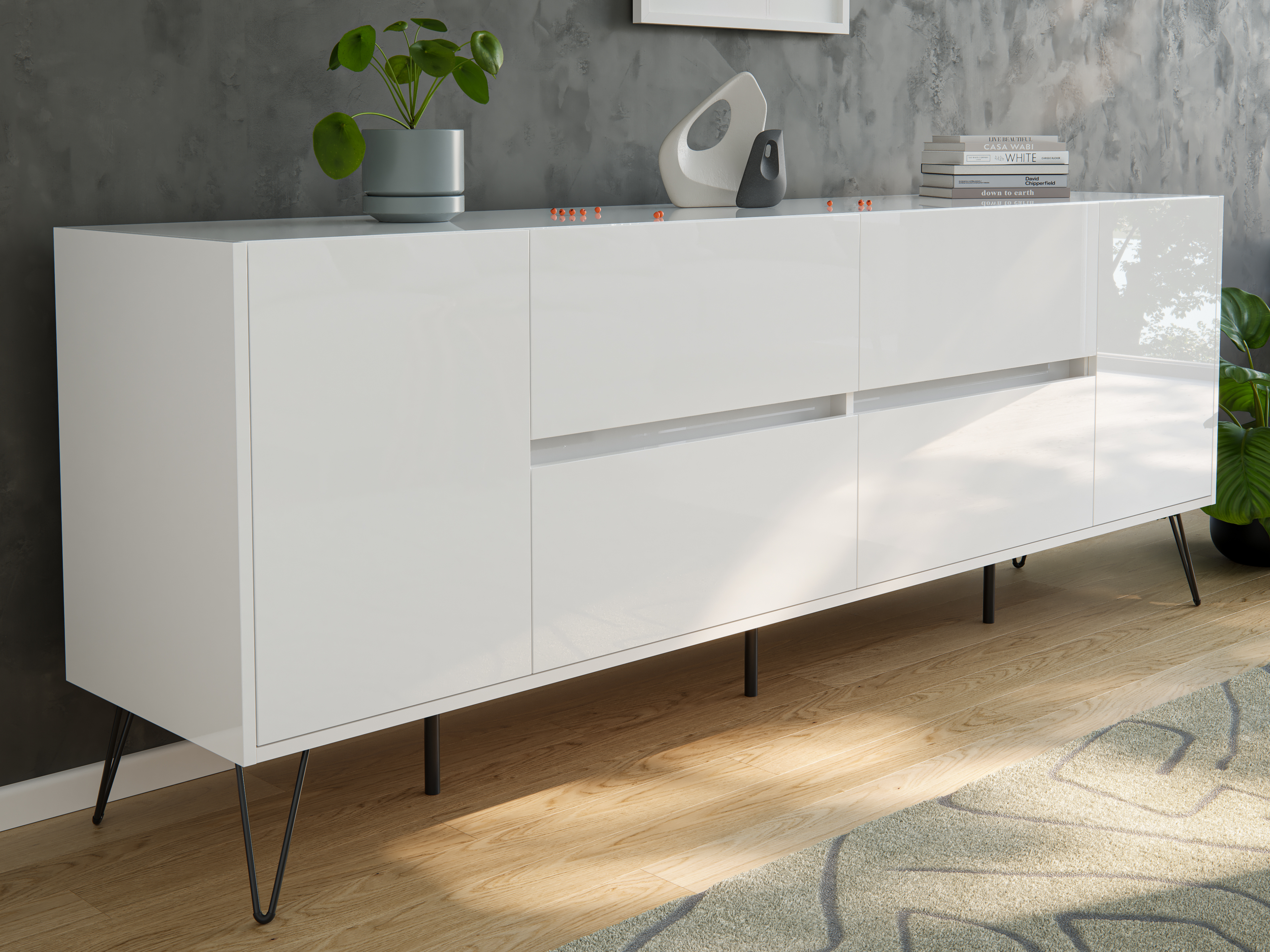 Raumwunder XXL Sideboard Kommode Heros 200cm 4 SoftClose 2 Türen Weiß hochglanz