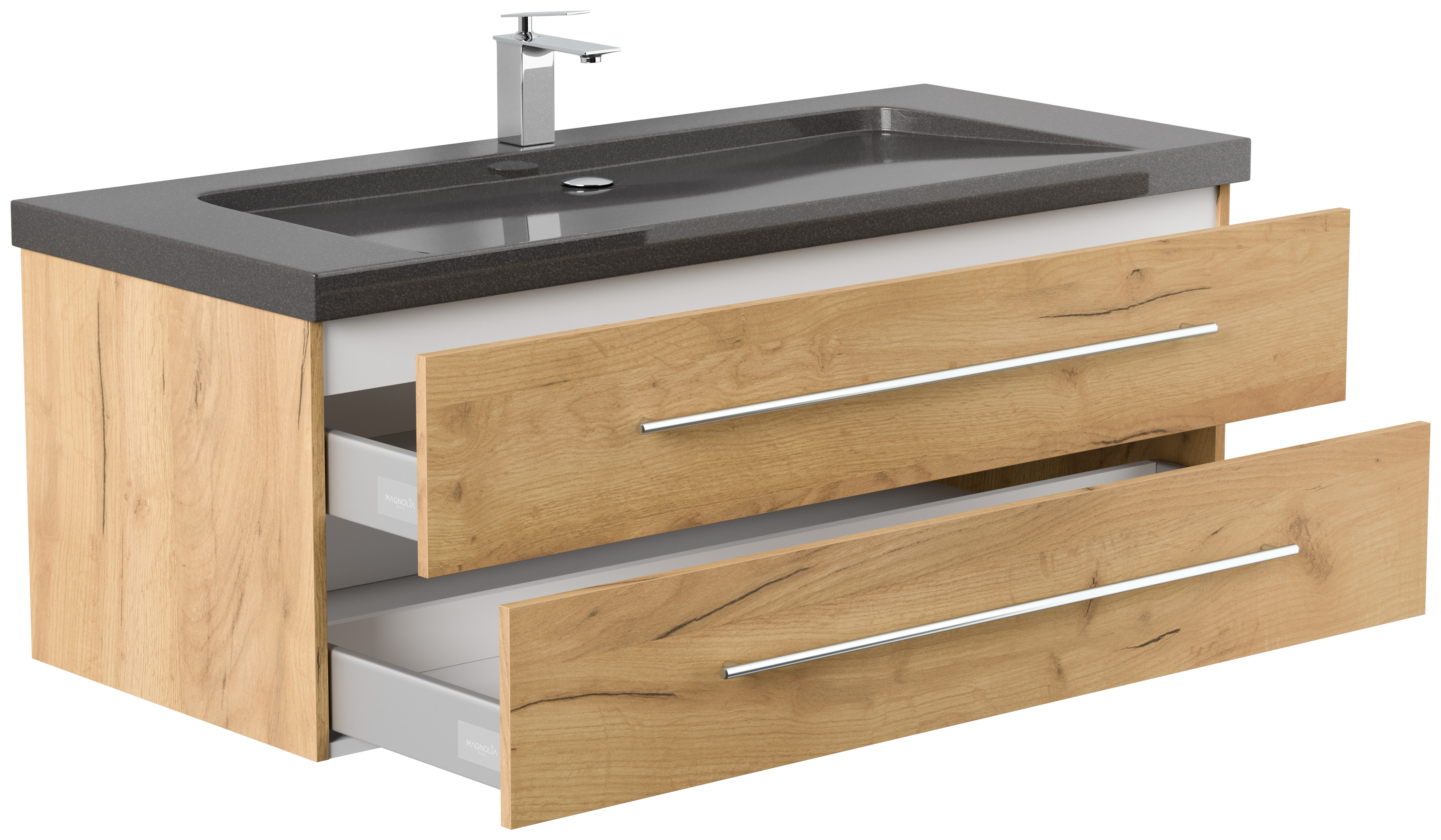 Badmöbel Granit India Black Damo 130 cm 1 Hahnloch SoftClose eiche gold