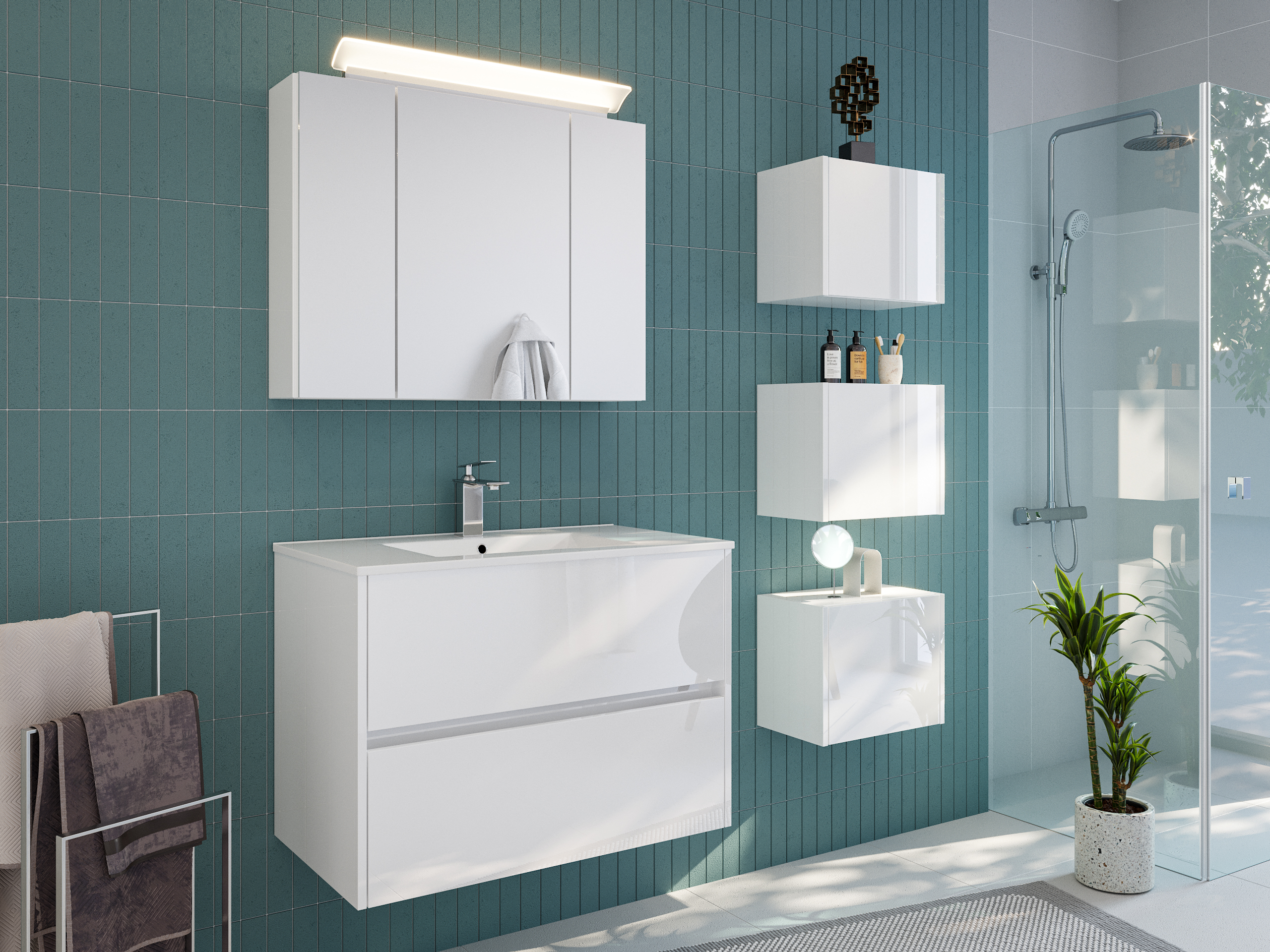 Badmöbelset Taifun 80cm 3tlg mit Spiegelschrank & 3er Boxen Set weiß Hgl