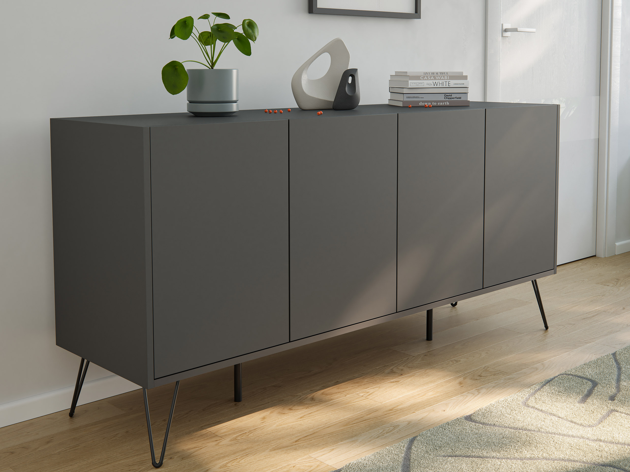 Raumwunder XL Sideboard Kommode Maxim 155cm stehend 4 Türen Grafit/Eiche Top