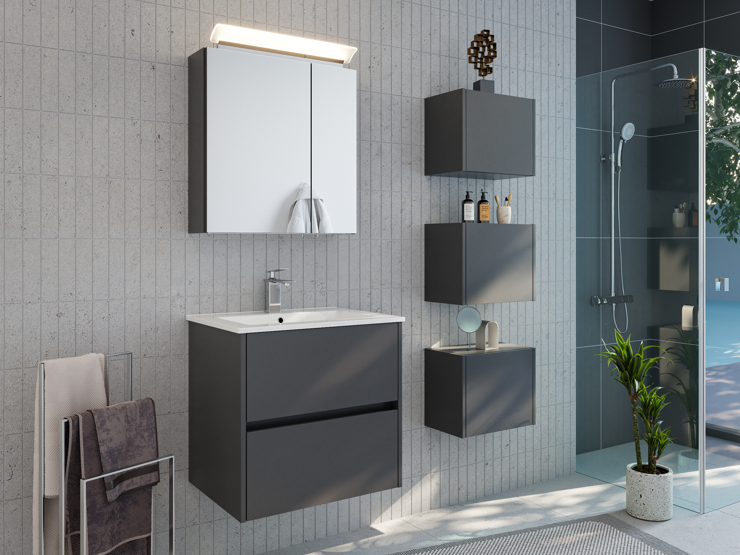 Badmöbelset Taifun 60cm 3tlg mit Spiegelschrank & 3er Boxen Set grafit