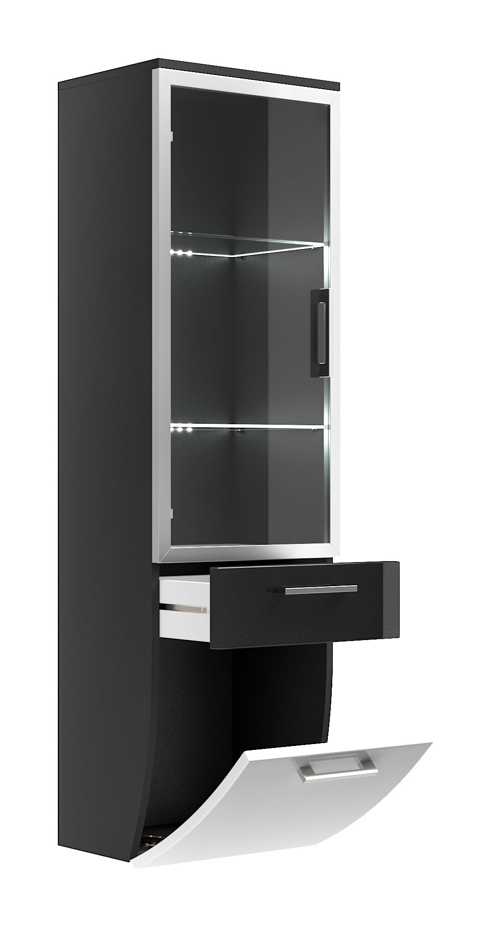 Hochschrank Rima 135 cm mit Glastür rund Weiss hochglanz/Grafit hochglanz
