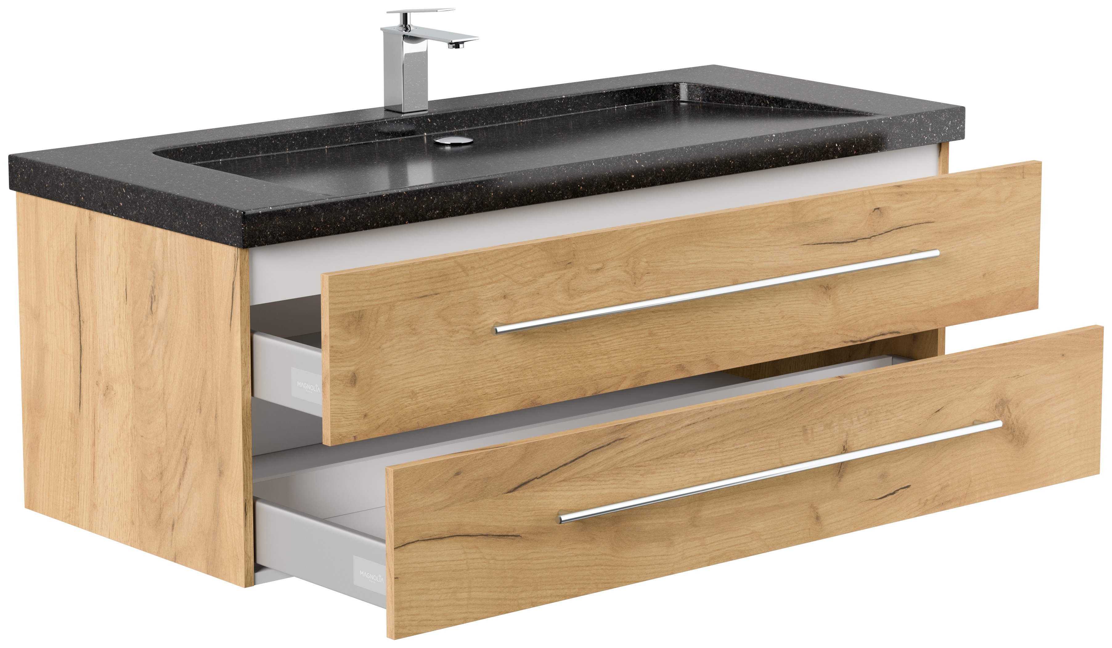 Badmöbel Granit Galaxy Black Damo 130 cm 1 Hahnloch SoftClose eiche gold