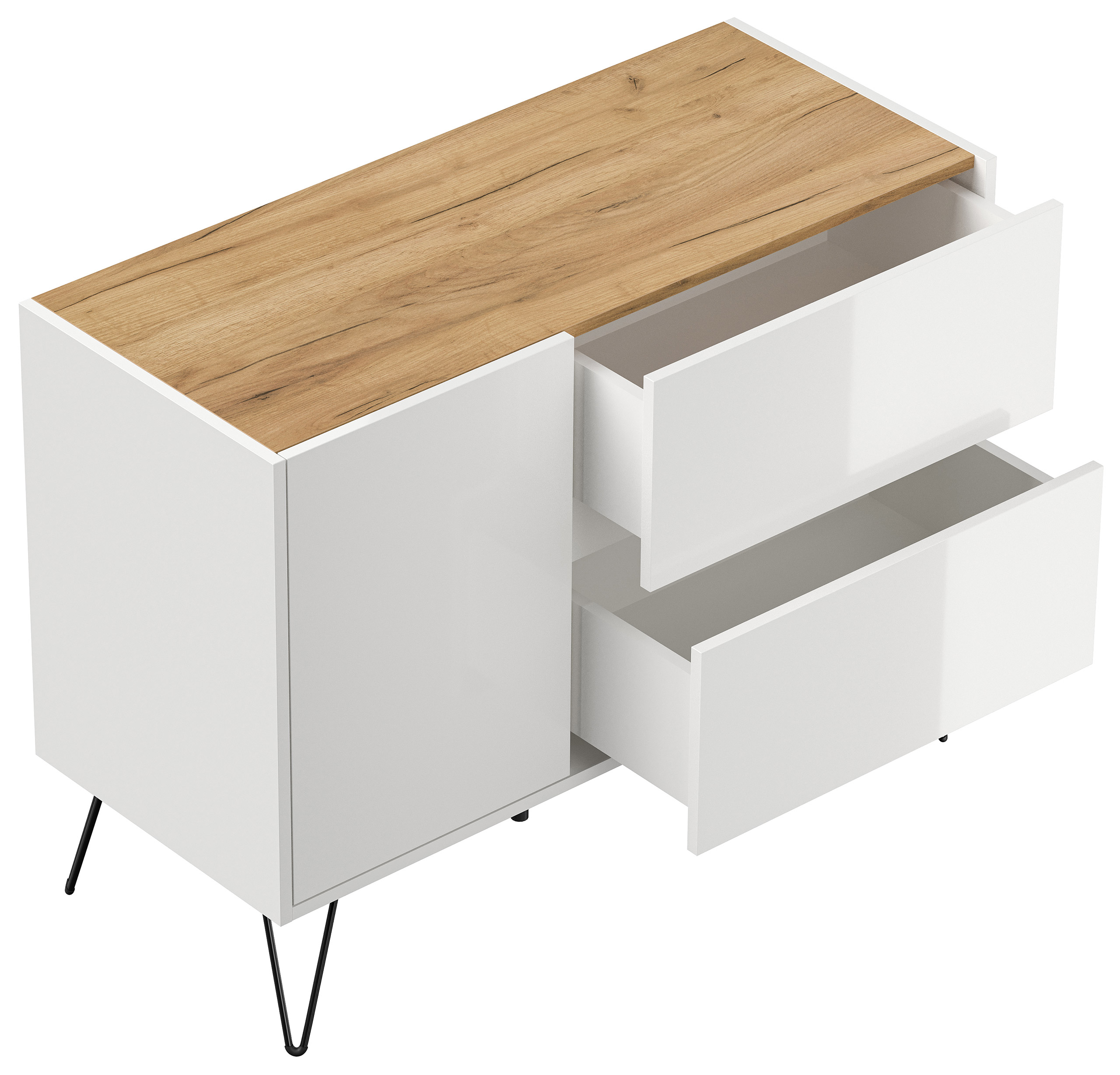Raumwunder L Sideboard Kommode 100cm 2 SoftClose 1 Tür Weiß/Eiche Top