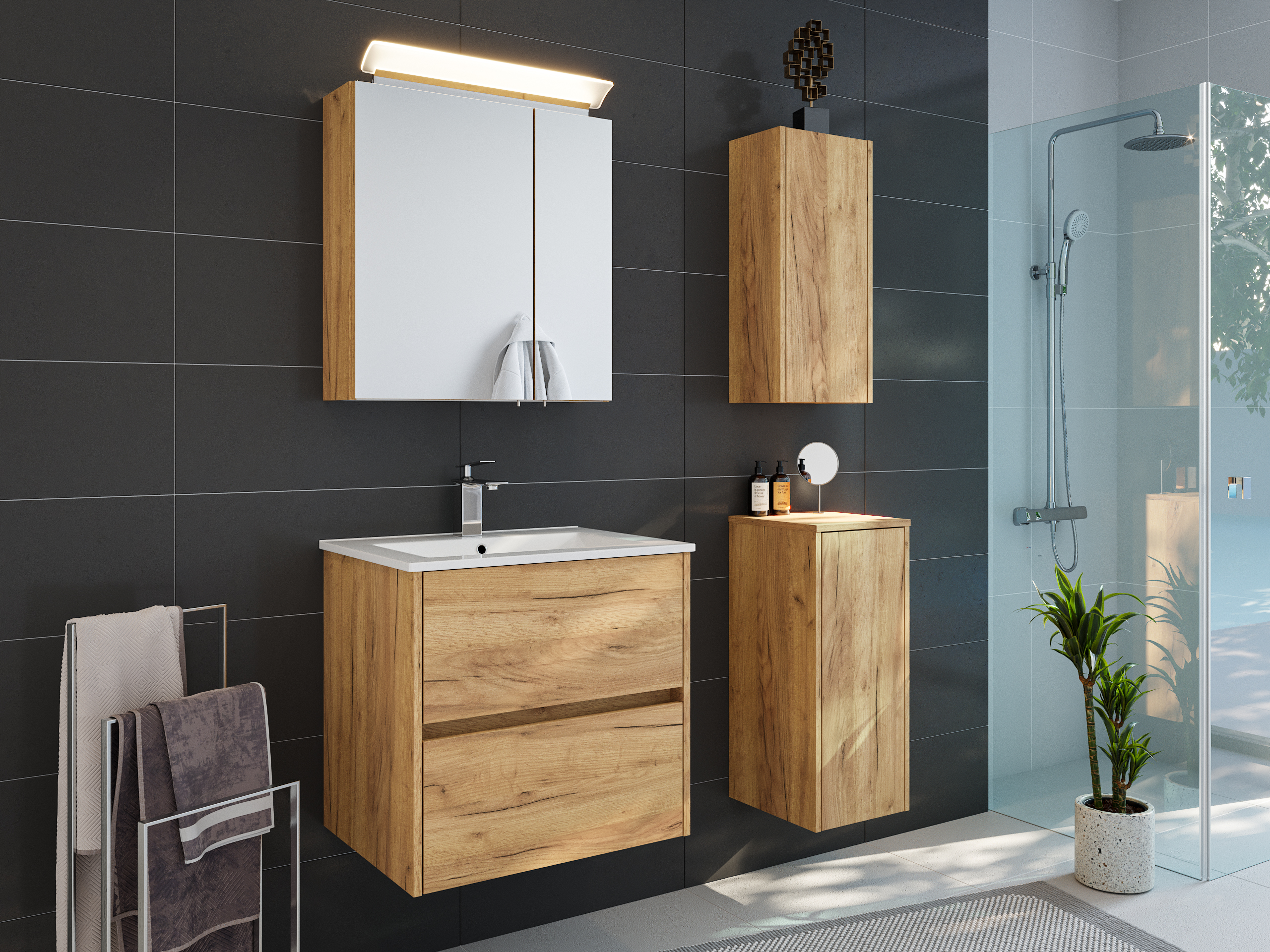 Badmöbelset Taifun 60cm 4tlg mit Spiegelschrank & 2x Badschrank eiche gold