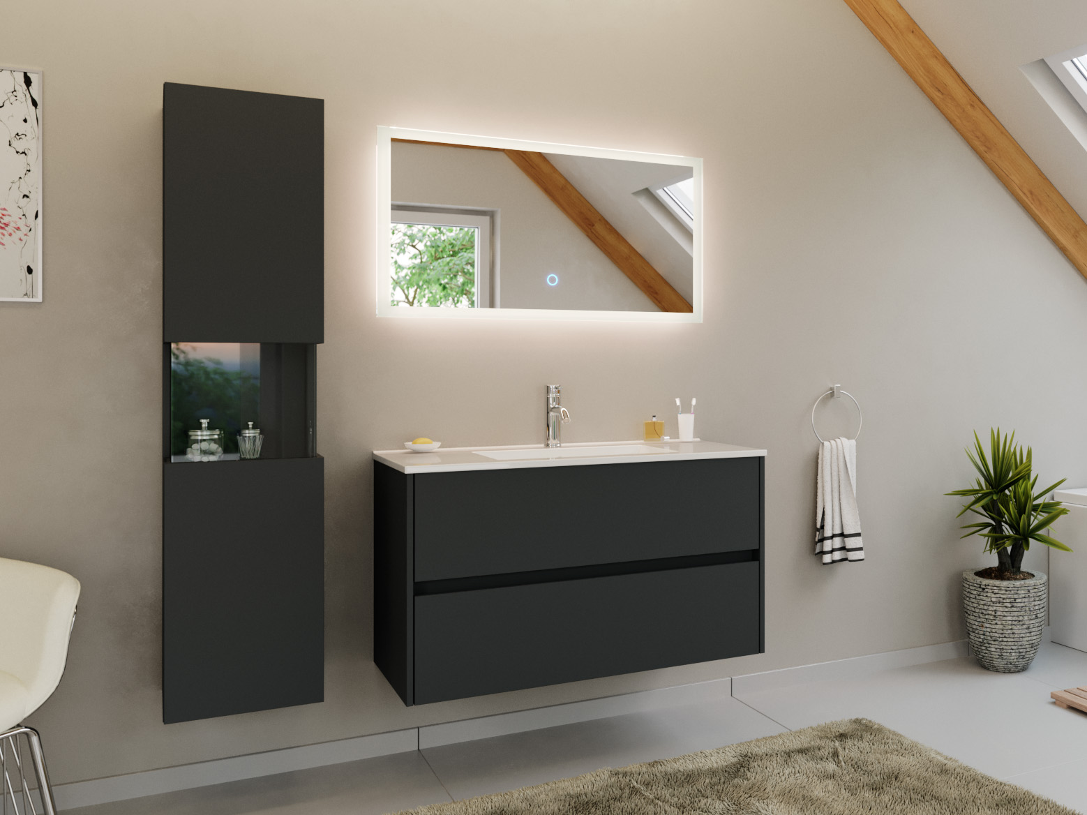 Badmöbel Set Taifun 3tlg. 100 cm mit LED Spiegel & Hochschrank Grafit