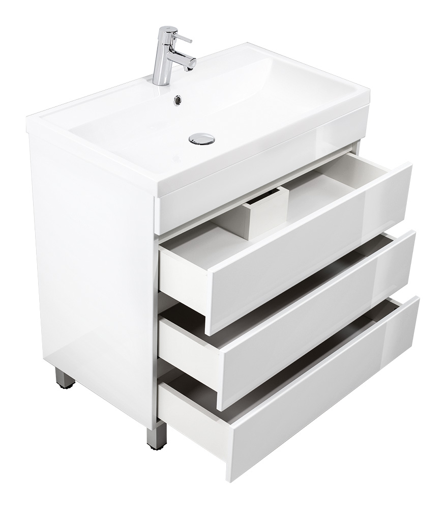 Stand Badmöbel Via 80 SoftClose weiss hochglanz mit drei grifflosen Schubladen