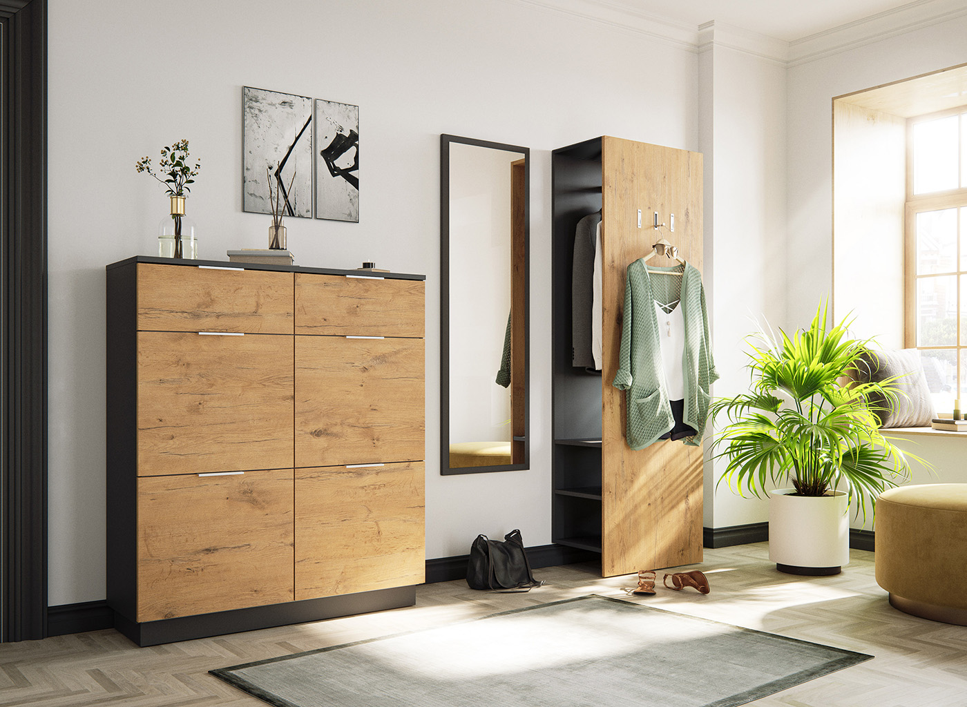 Flurmöbel-Set Central 3tlg Spiegel Schuhschrank 22 Paar Oak
