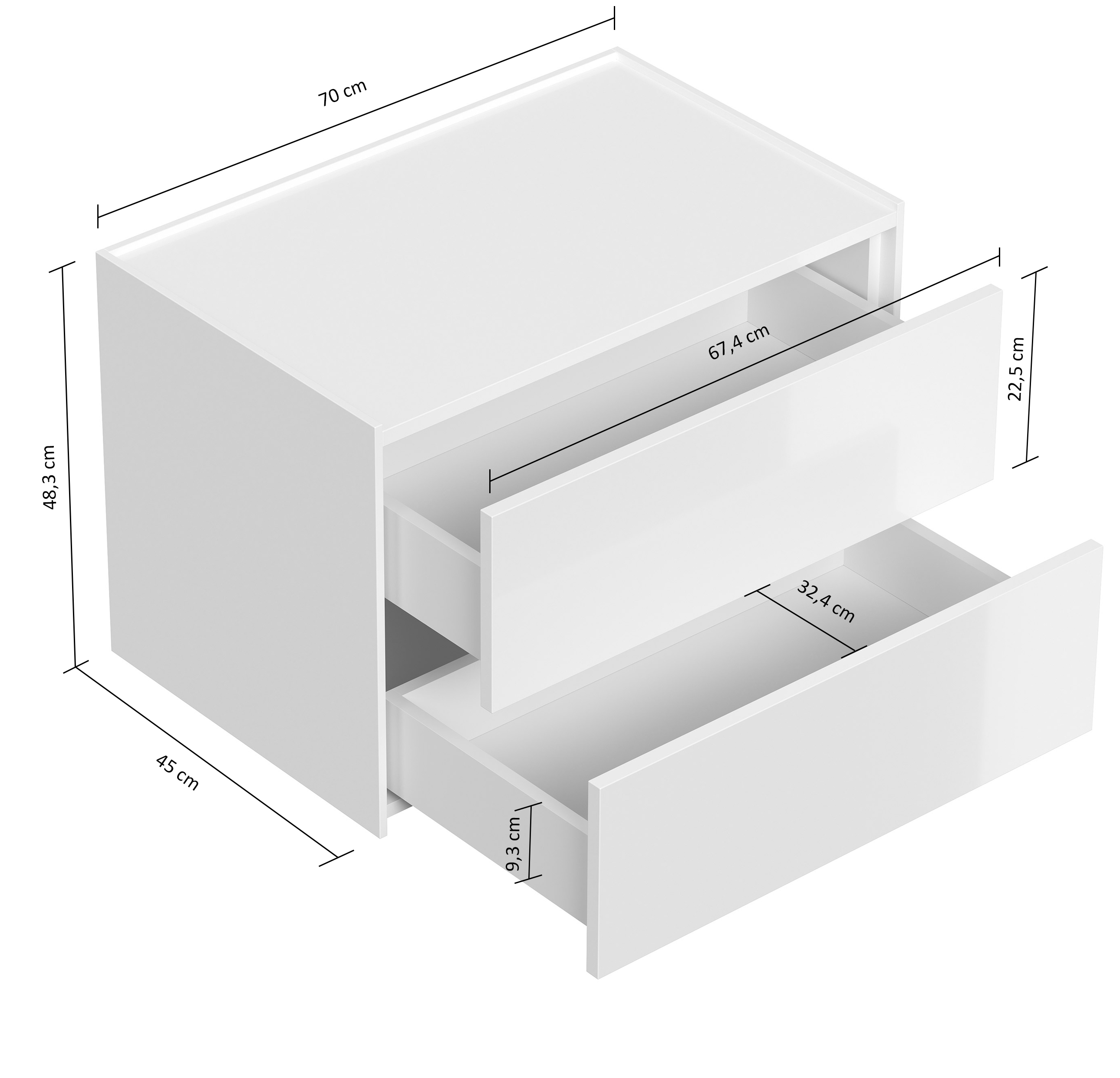 Design Nachttisch Kommode Somnia XL 70cm, 2 Pushauszüge lackiert Weiß Hgl