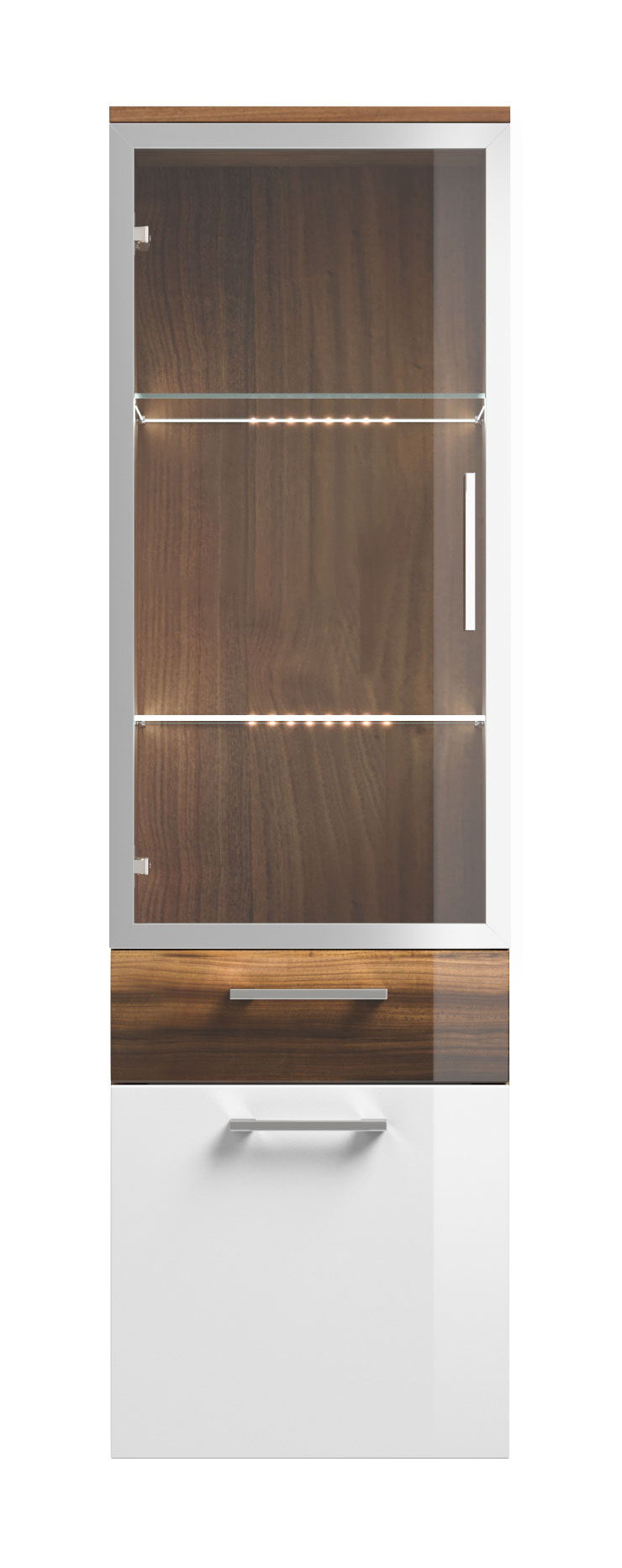 Hochschrank Rima 135 cm mit Glastür Weiss hochglanz/Walnuss hochglanz