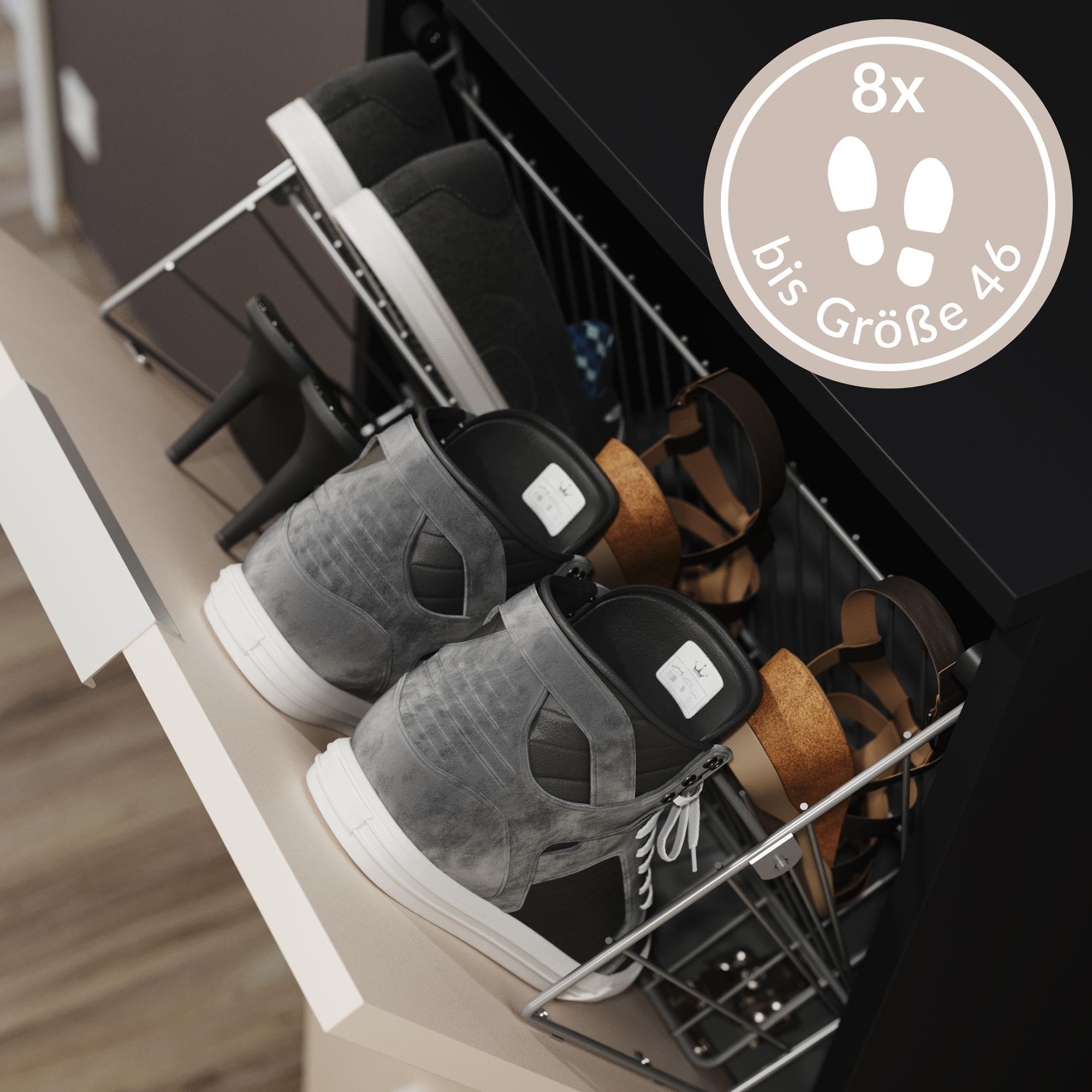 Schuhschrank Domus-S hängend 2 Klappen 8 Paar Schuhe lackiert Creme-Grafit