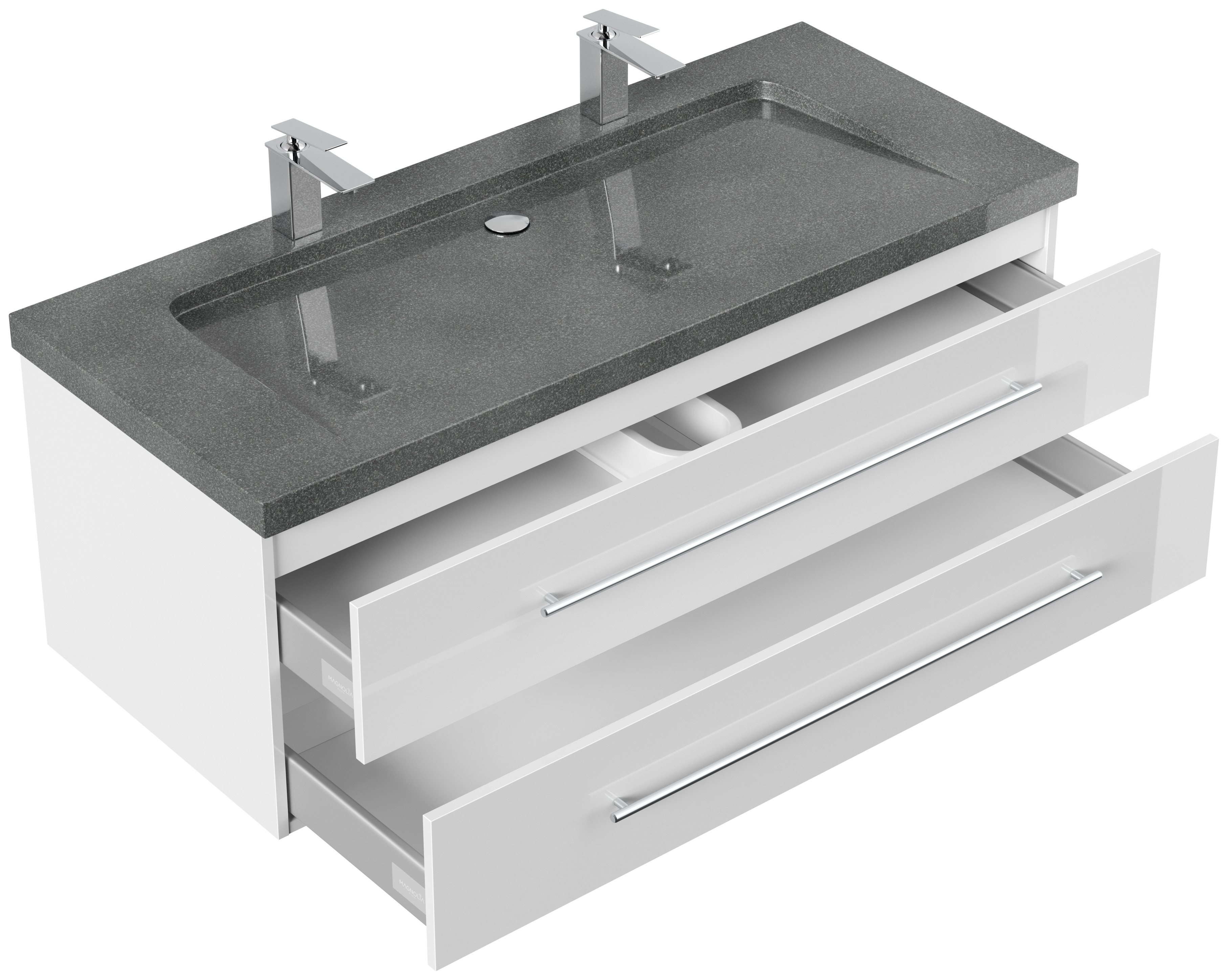 Badmöbel Granit G654 Damo 130 cm 2 Hahnlöcher SoftClose weiß hochglanz