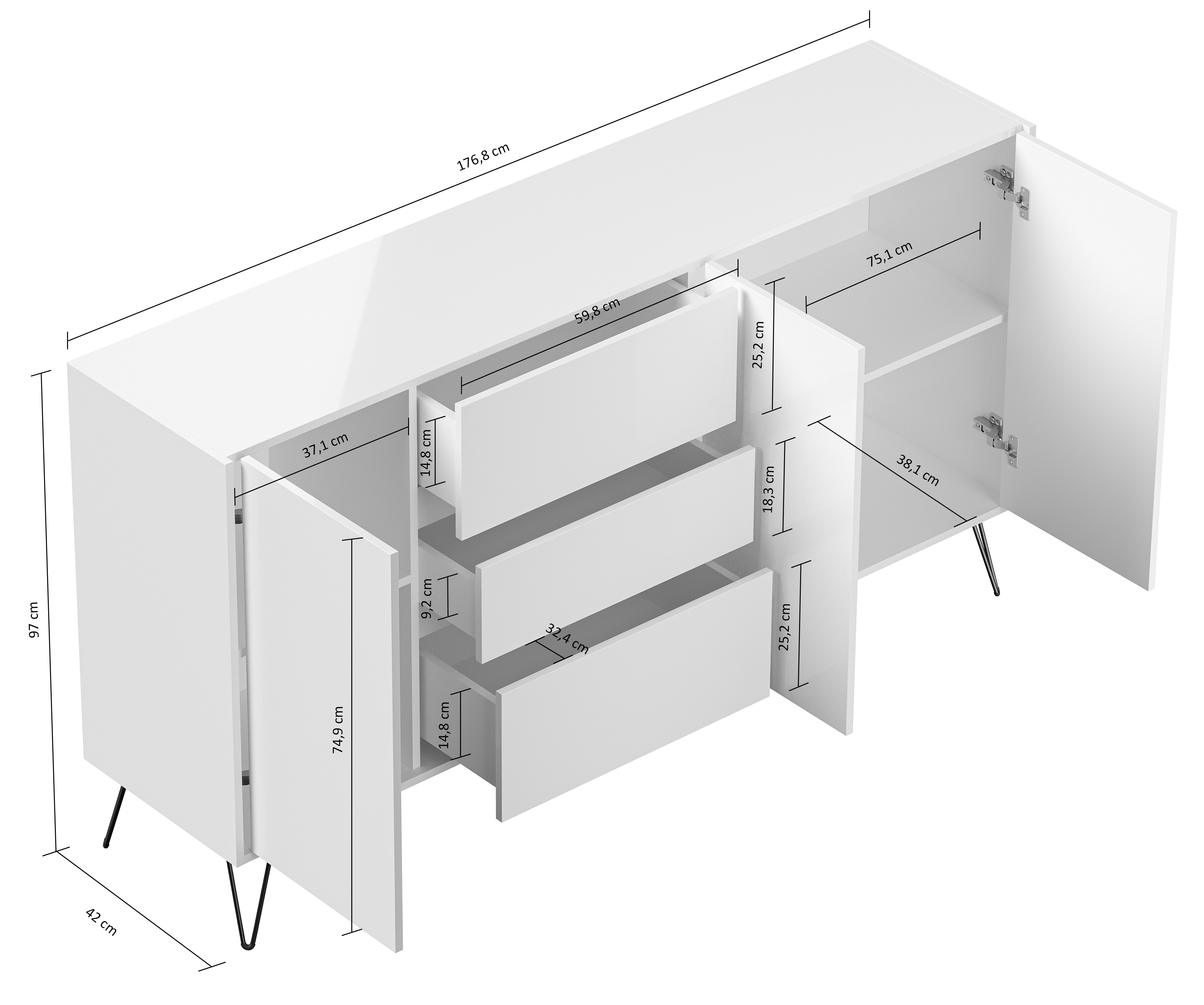 Sideboard Yako XL 180cm 3 SoftClose 3 Türen Weiß/Eiche Top