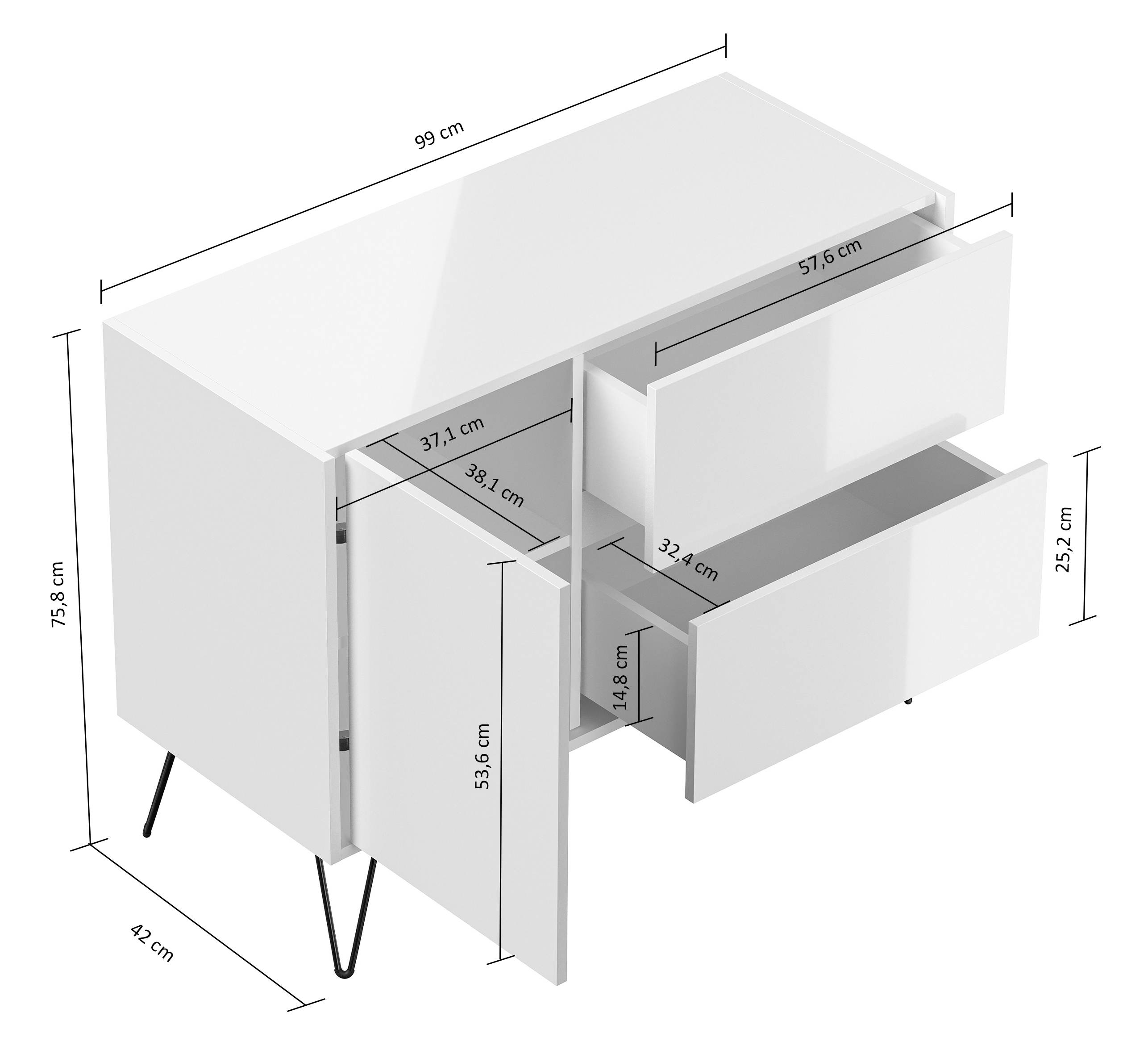 Raumwunder L Sideboard Kommode 100cm 2 SoftClose 1 Tür Weiß hochglanz