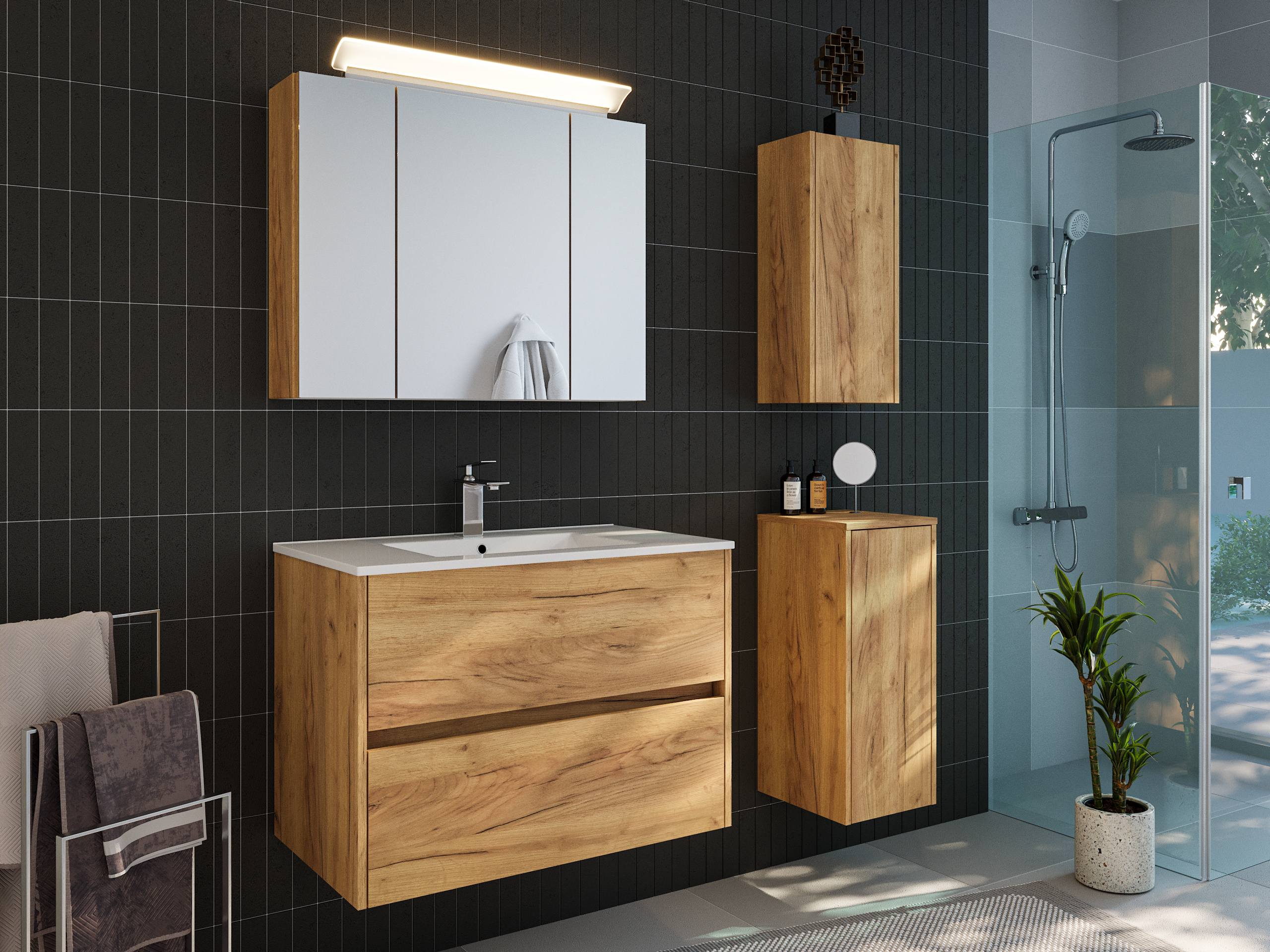 Badmöbelset Taifun 80cm 4tlg mit Spiegelschrank &2x Badschrank eiche gold