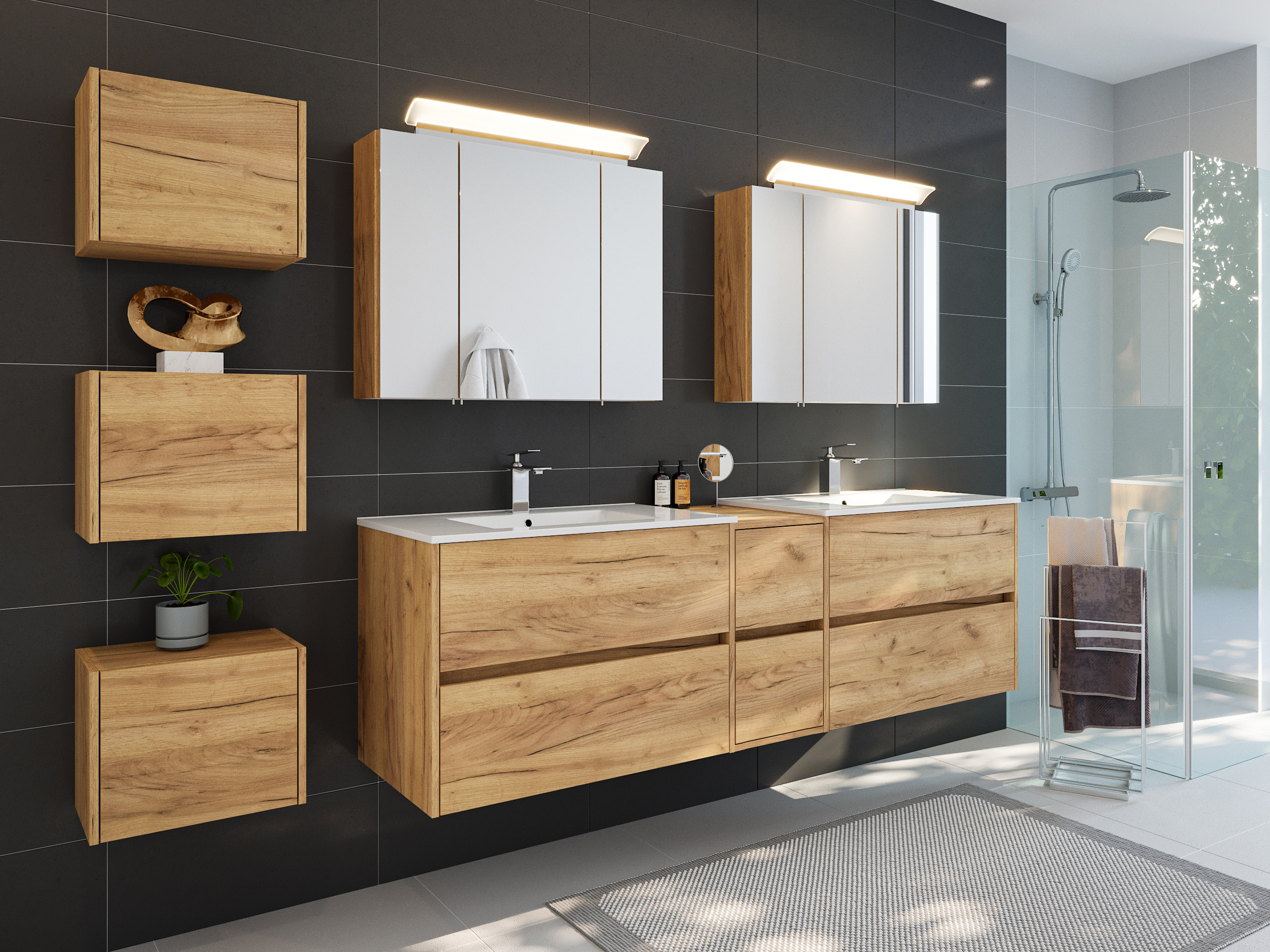 Badmöbelset Taifun 190cm 4tlg mit 2x Spiegelschrank & 3er Boxen Set eiche gold