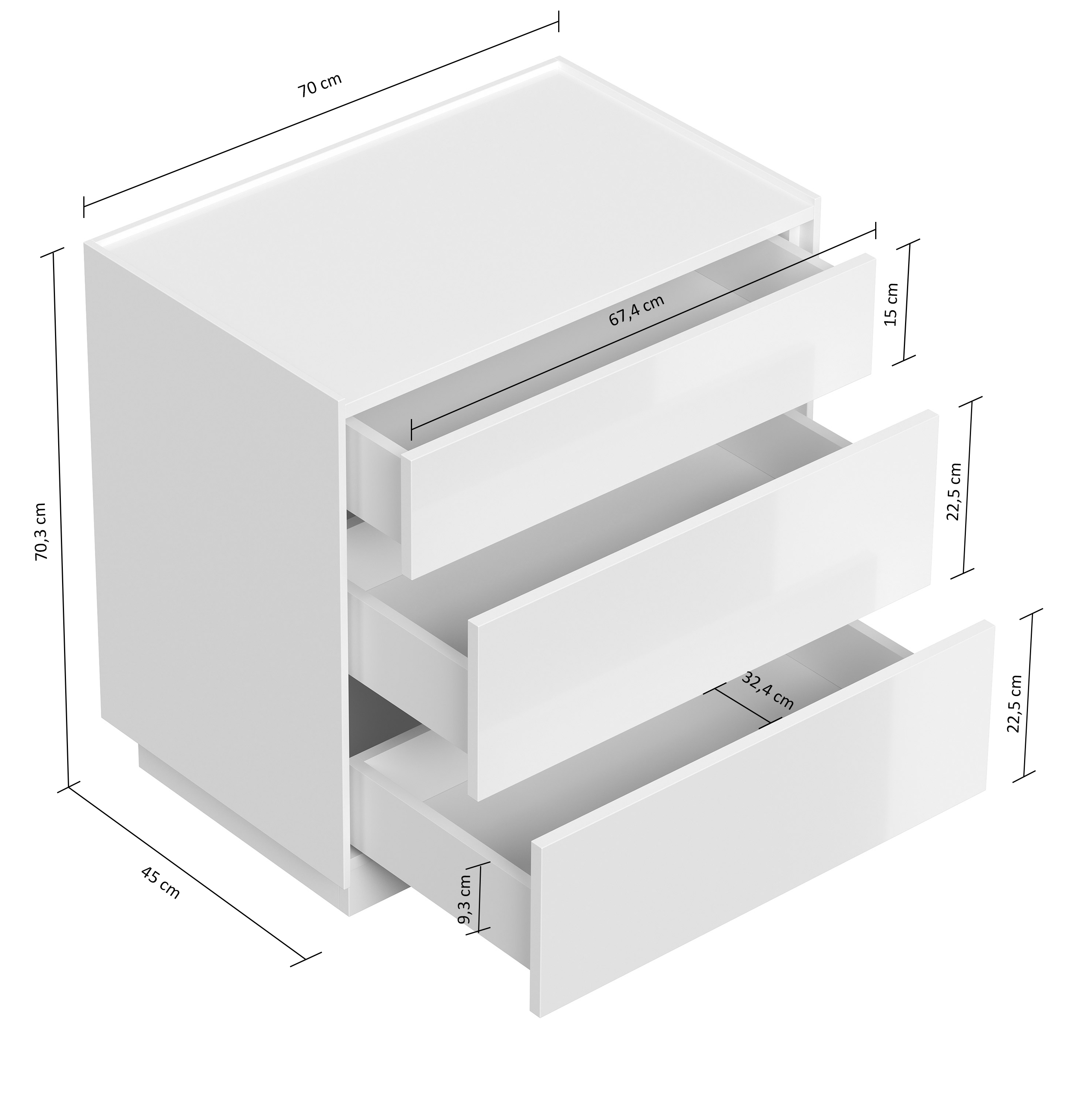 Nachttisch Kommode Lux XL 70cm, Quarz, 3 Pushauszüge Grafit für Boxspringbett