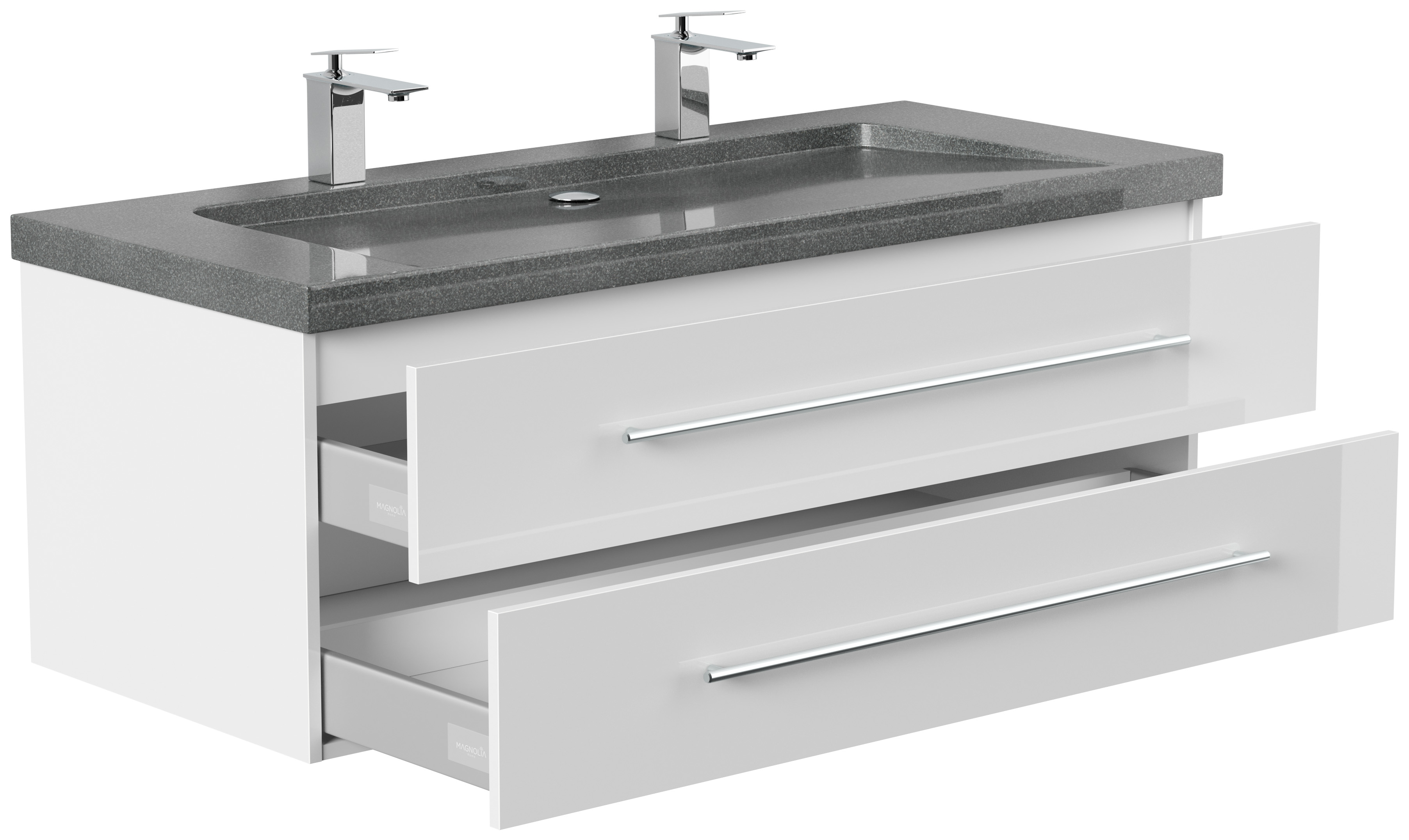 Badmöbel Granit G654 Damo 130 cm 2 Hahnlöcher SoftClose weiß hochglanz