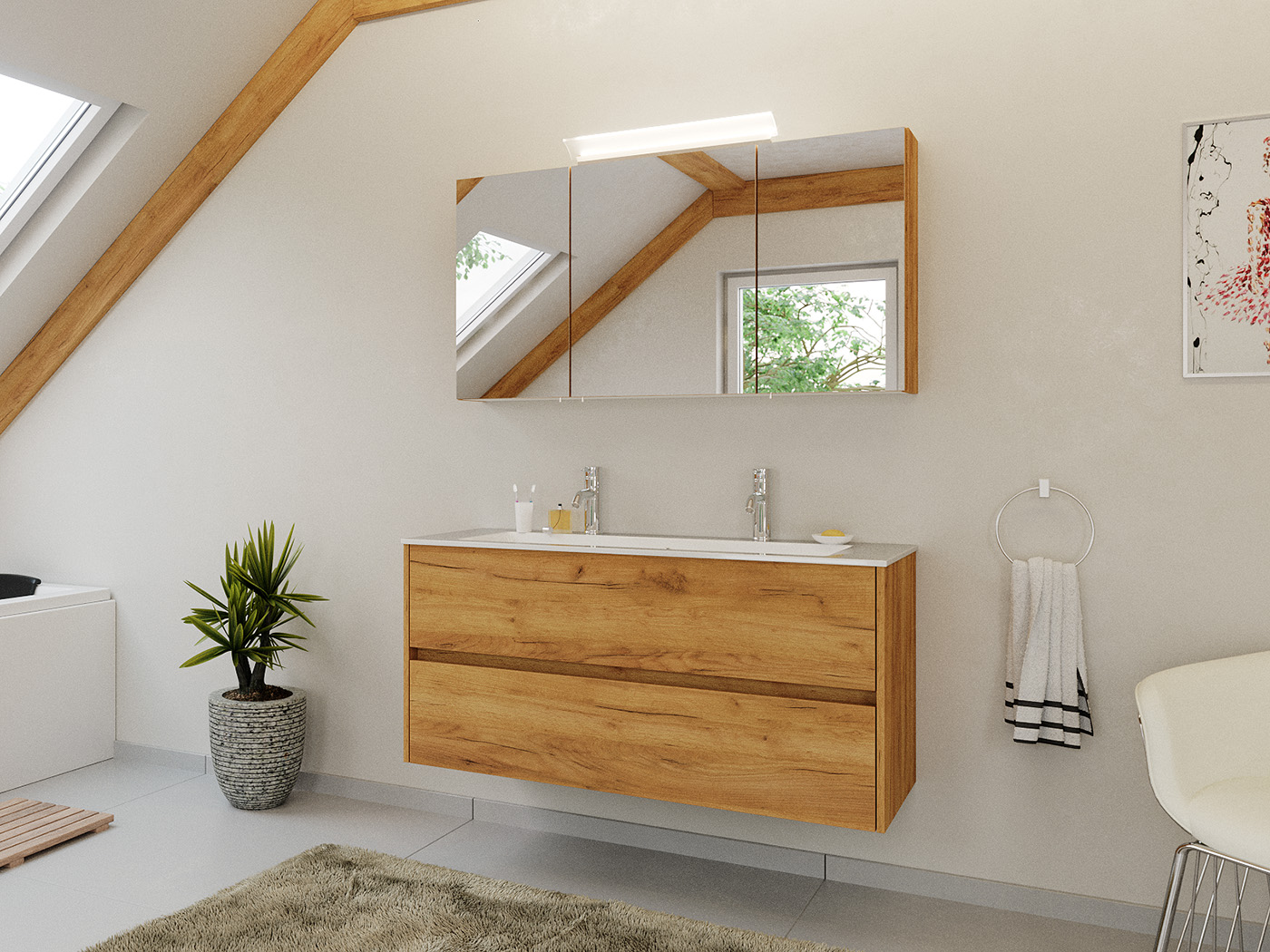 Doppel-Badmöbel Set Taifun 2tlg. 120 cm mit Spiegelschrank eiche gold