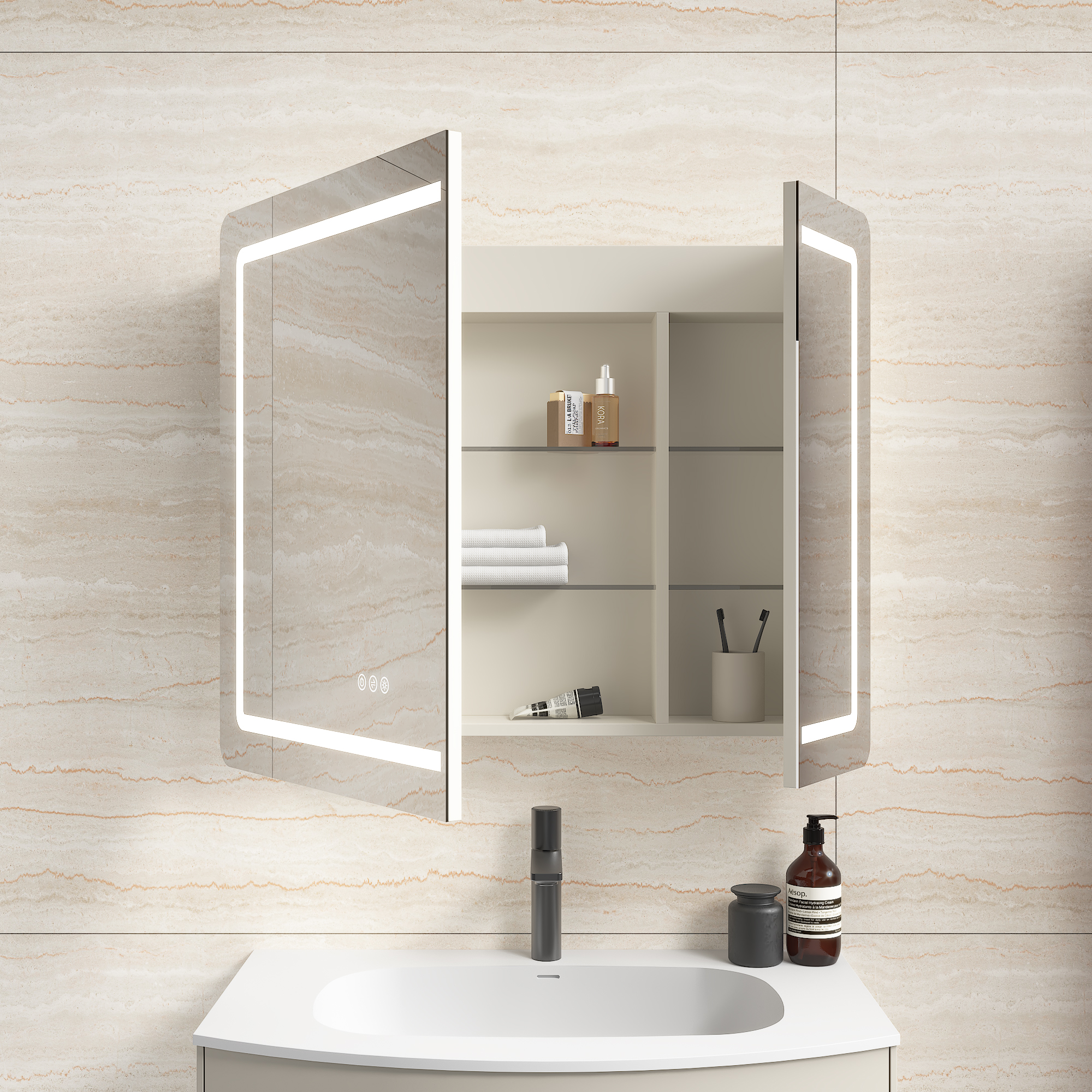 Spiegelschrank Riva 80 cm inkl. LED-Lampe und Glasböden montiert kaschmir matt