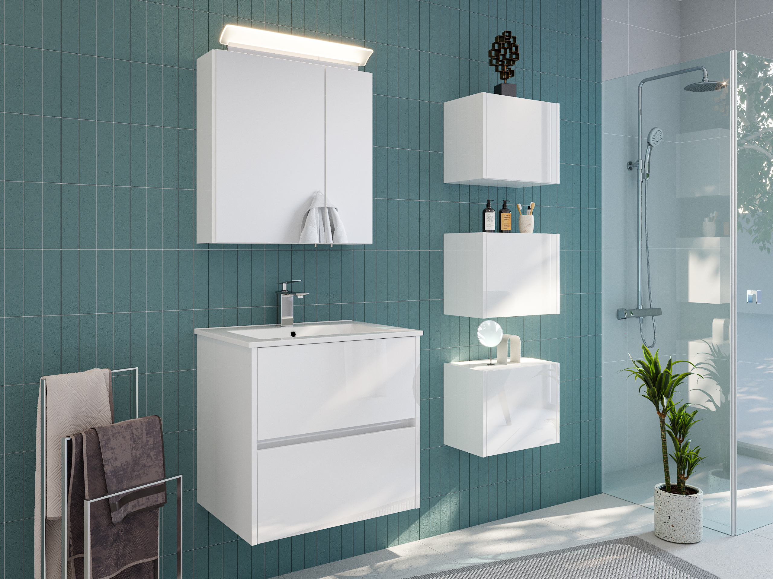 Badmöbelset Taifun 60cm 3tlg mit Spiegelschrank & 3er Boxen Set weiß Hgl