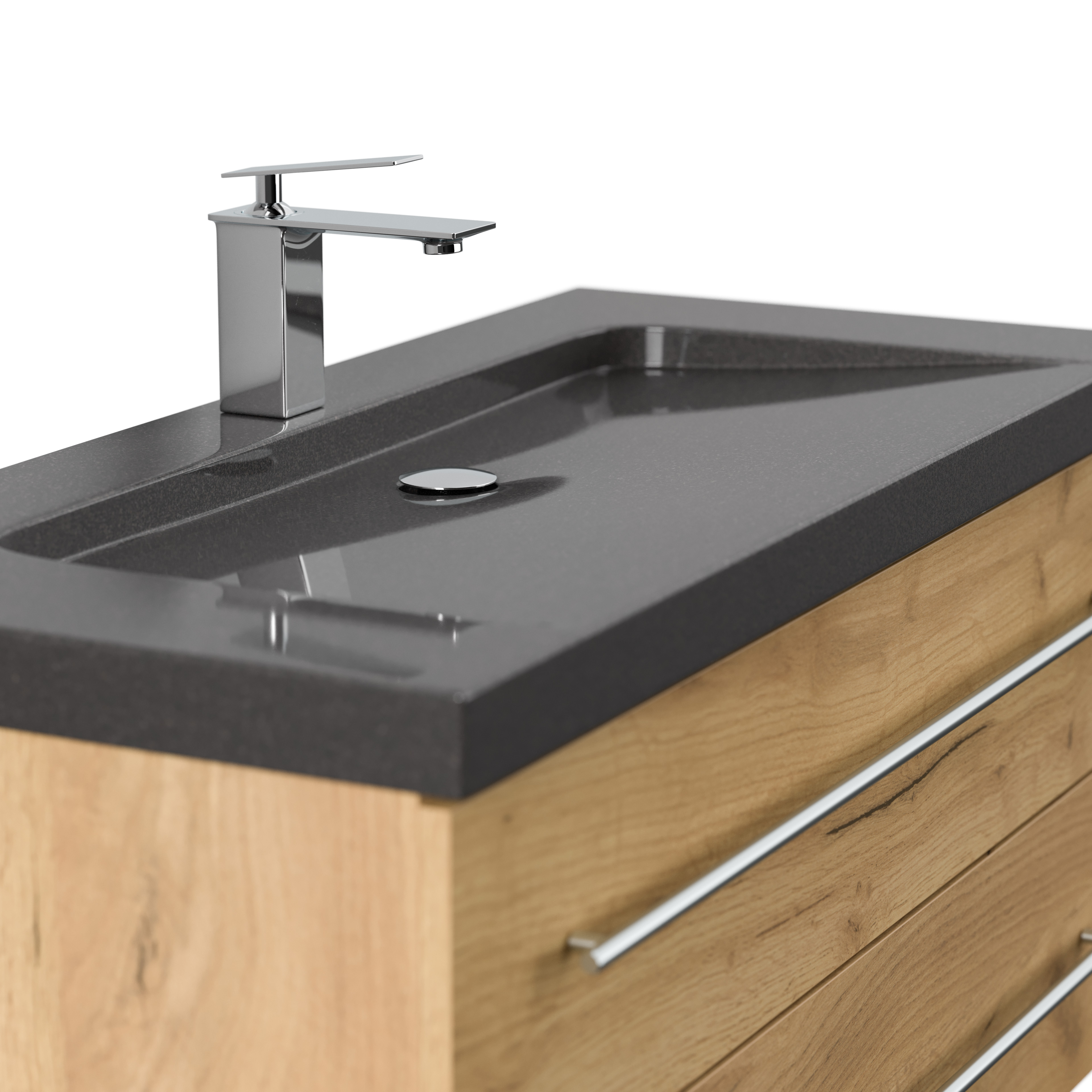 Badmöbel Granit India Black Damo 100 cm 1 Hahnloch SoftClose eiche gold