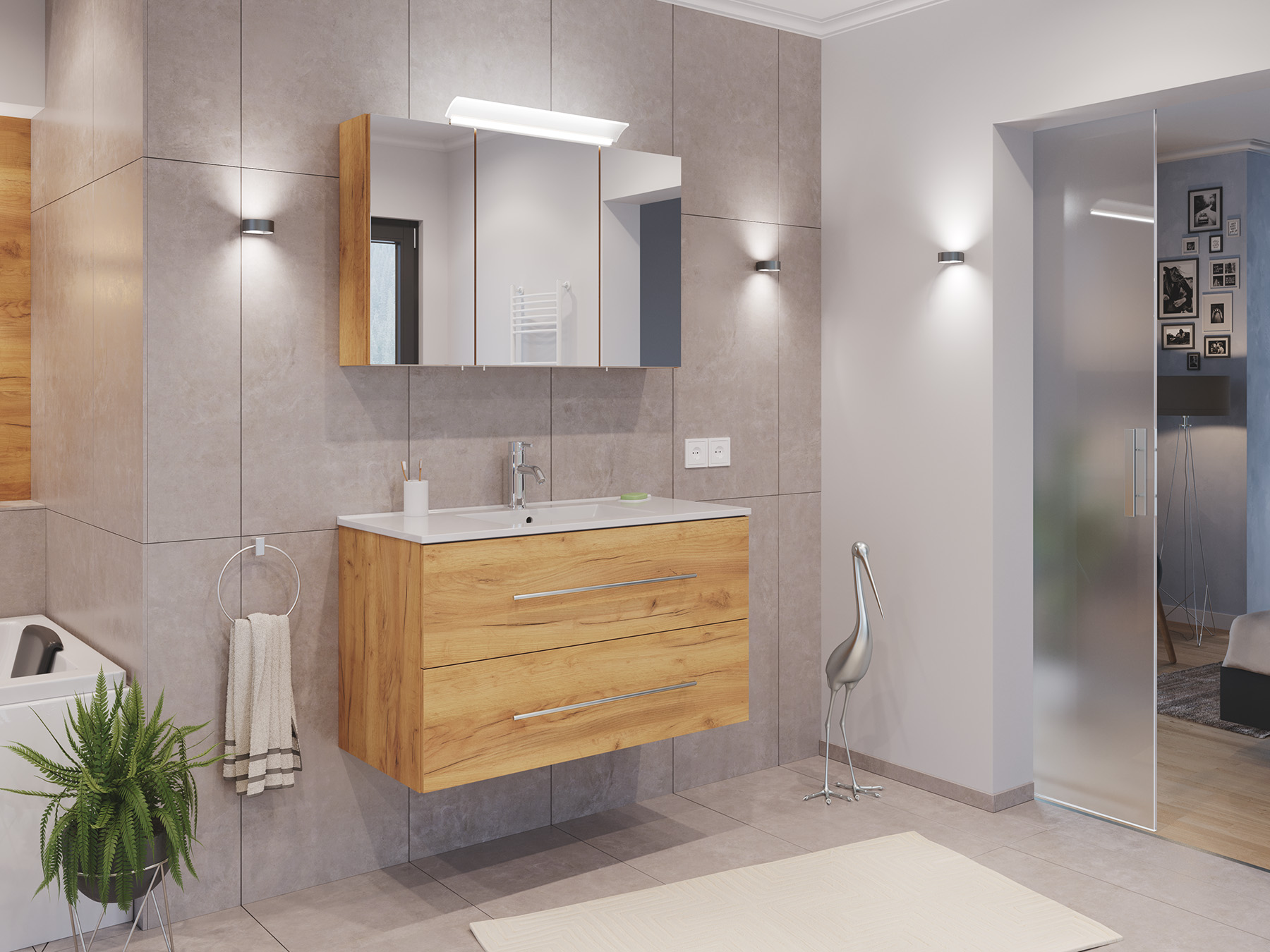 Badmöbel Set Firenze 100 2tlg. Spiegelschrank Softclose eiche gold