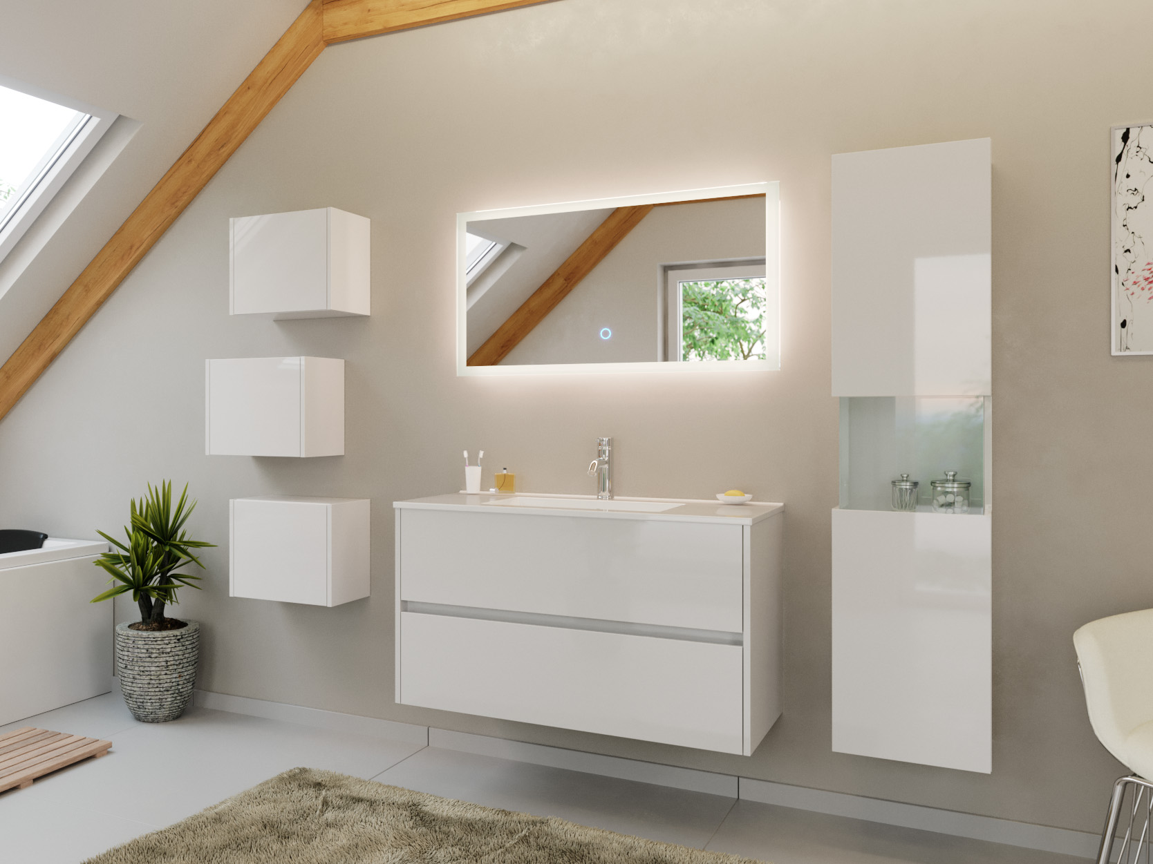 Badmöbel Set Taifun 4tlg. 100 cm mit LED Spiegel, 3er Boxen & Hochschrank weiß 